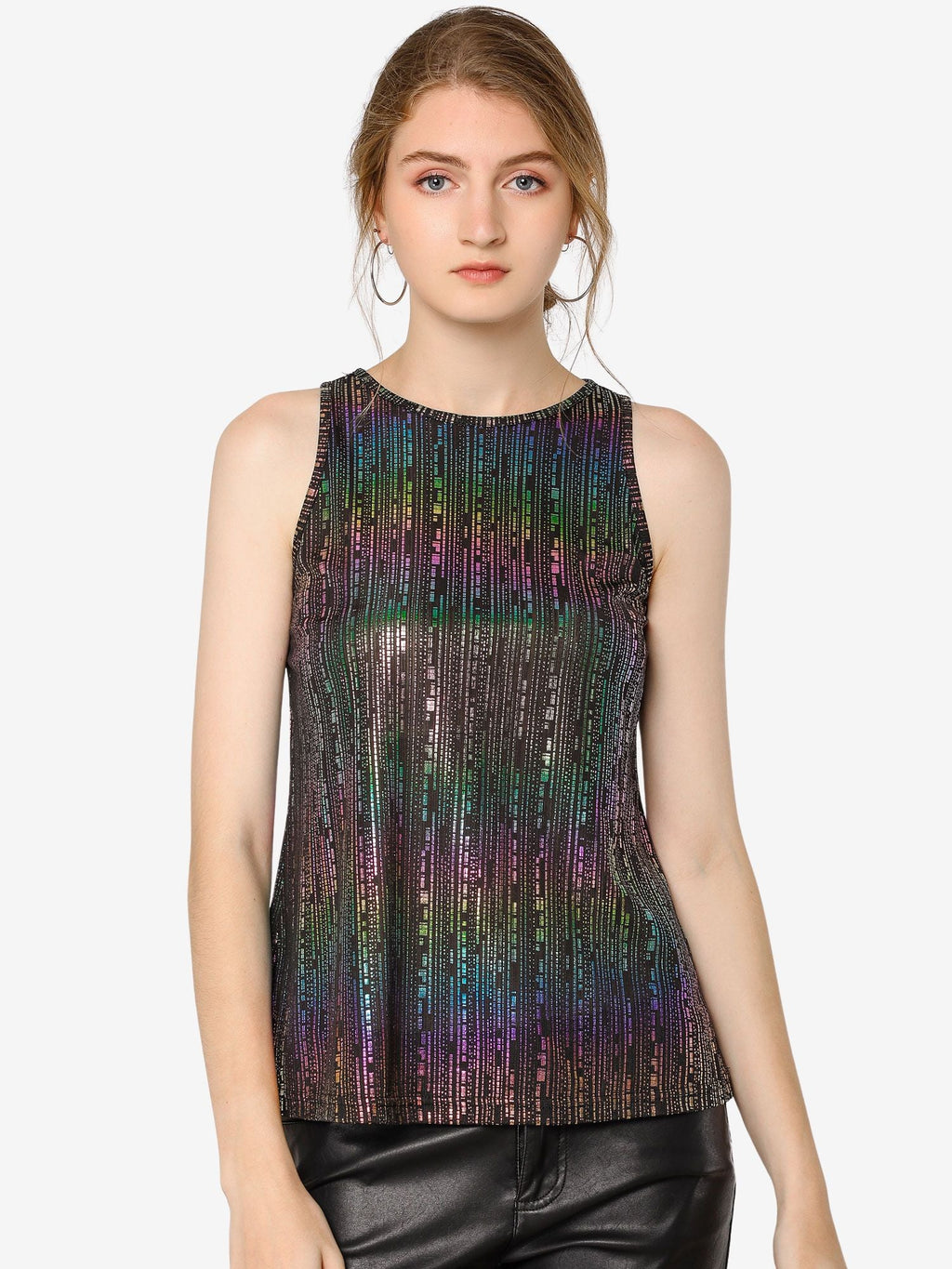 Metallic Crew Neck Sleeveless Top