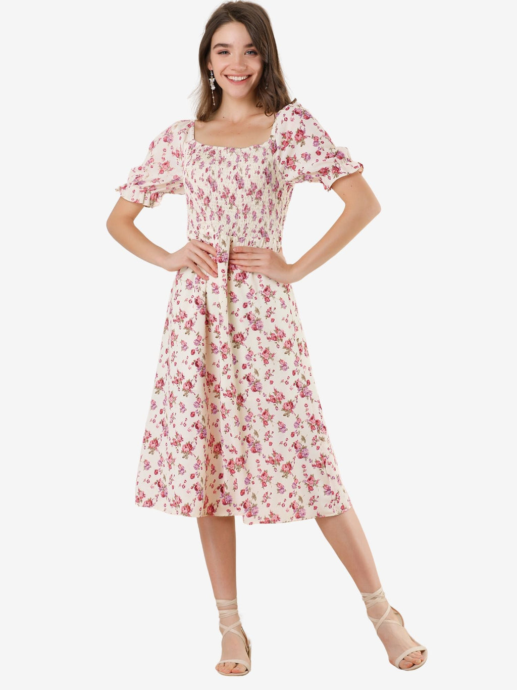 Smocked Floral Square Neck Dress