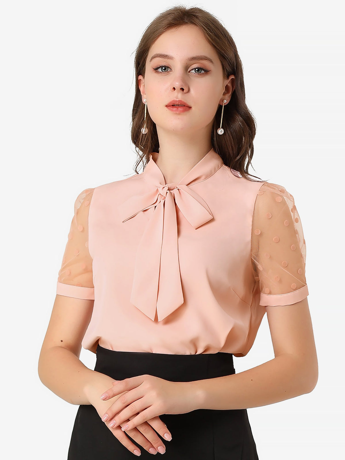 Mesh Sleeve Bow Tie Blouse