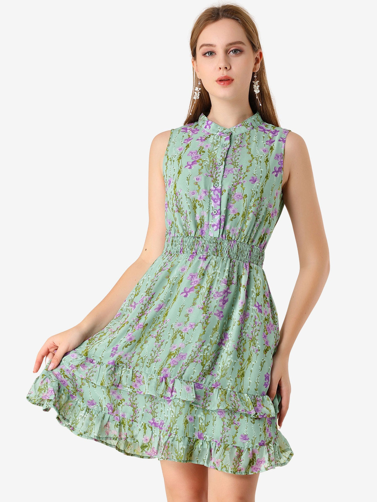 Floral Standing Collar Dress