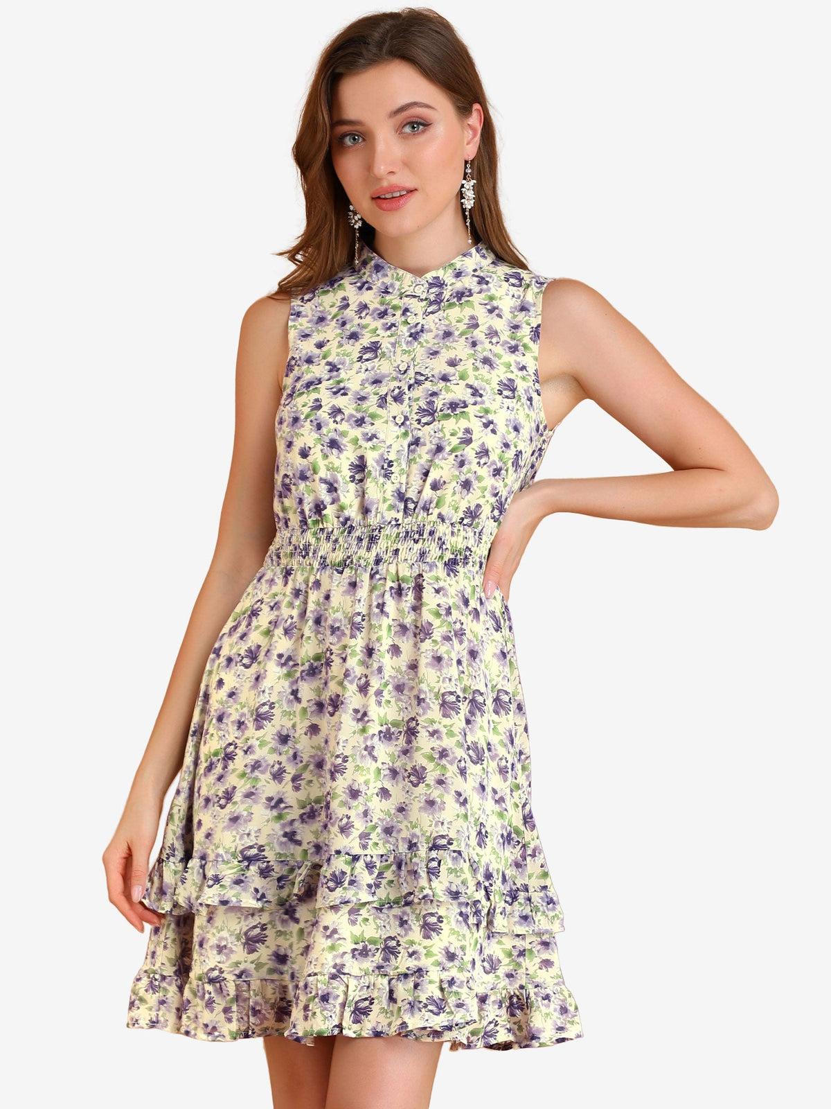 Floral Standing Collar Dress