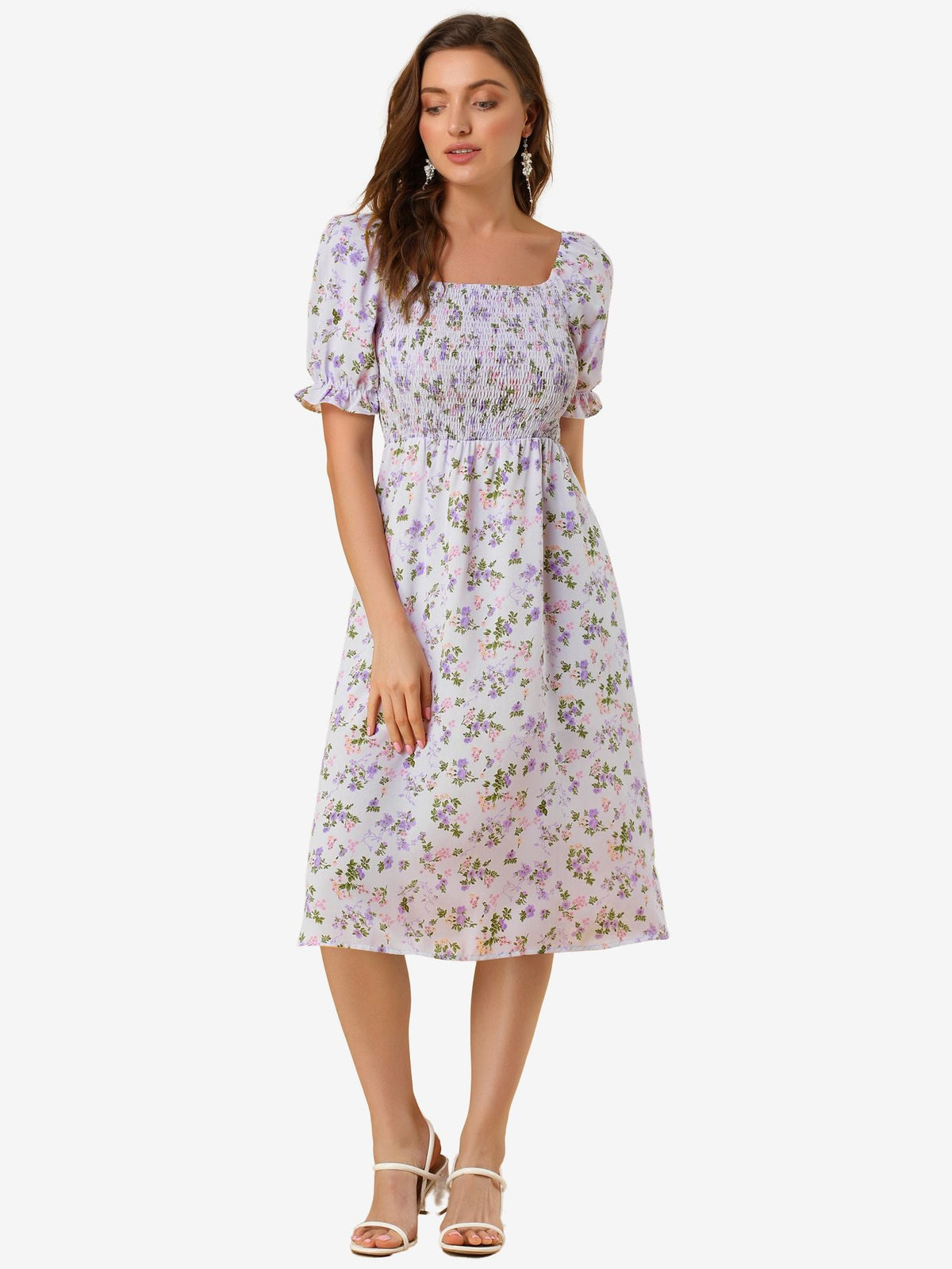 Smocked Floral Square Neck Dress