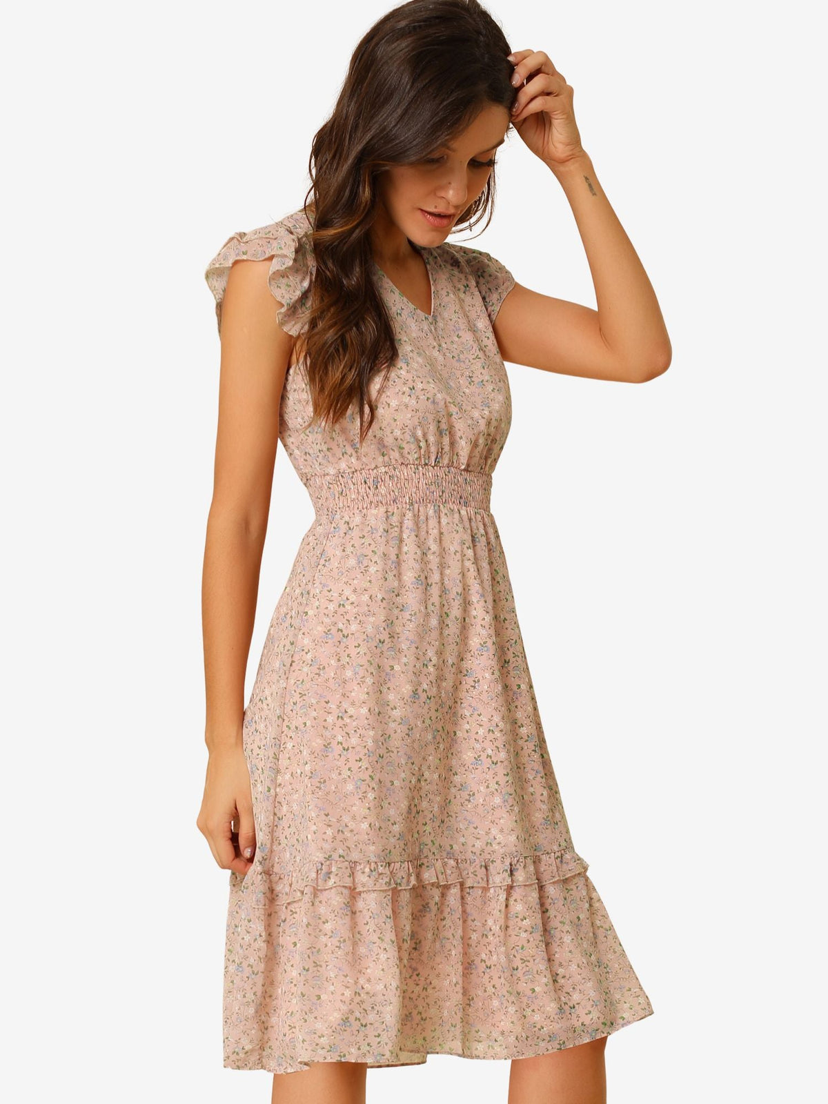 V-Neck Floral Flutter Dress