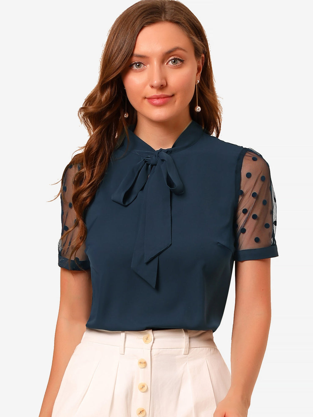 Mesh Sleeve Bow Tie Blouse