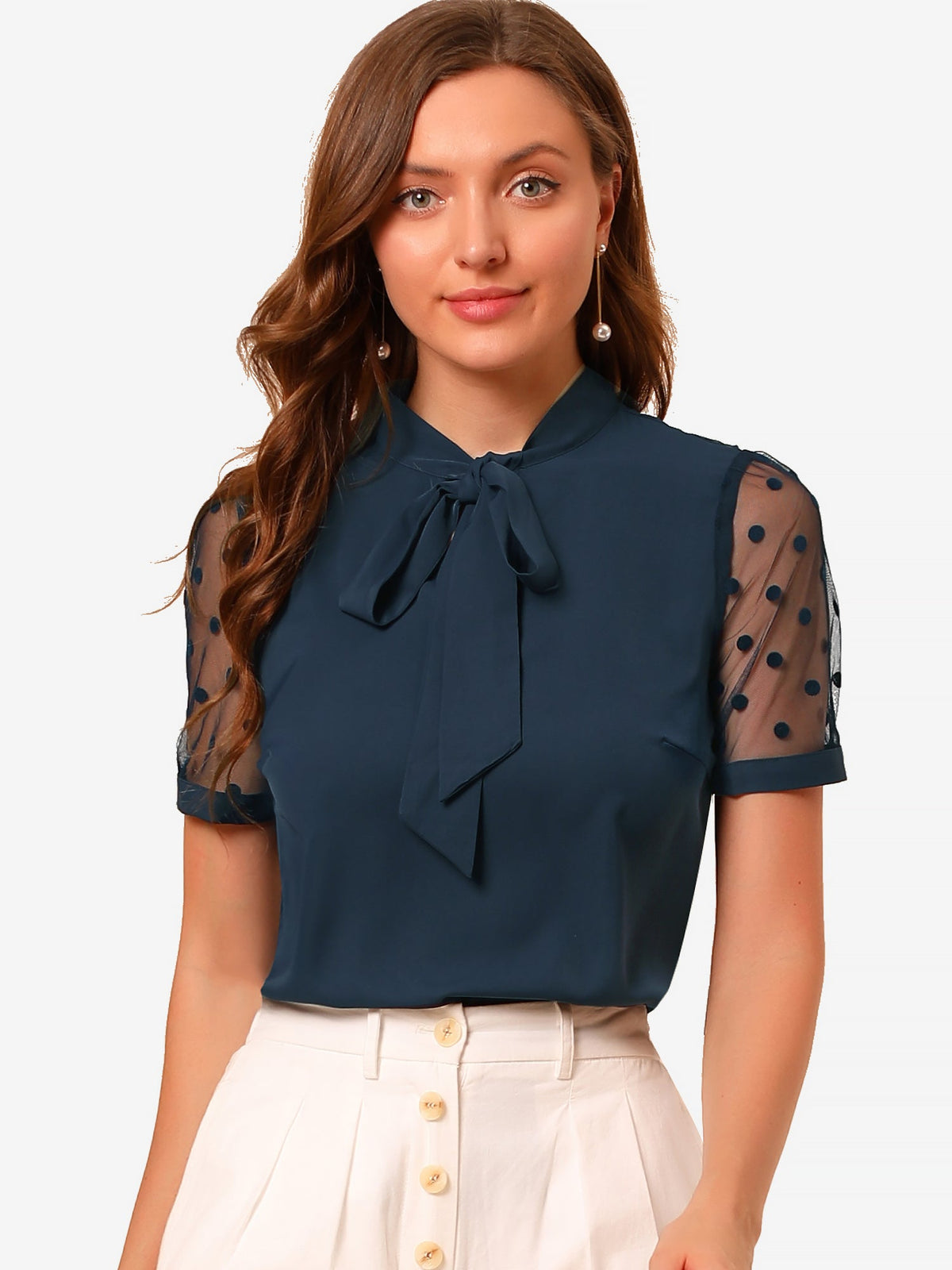 Mesh Sleeve Bow Tie Blouse