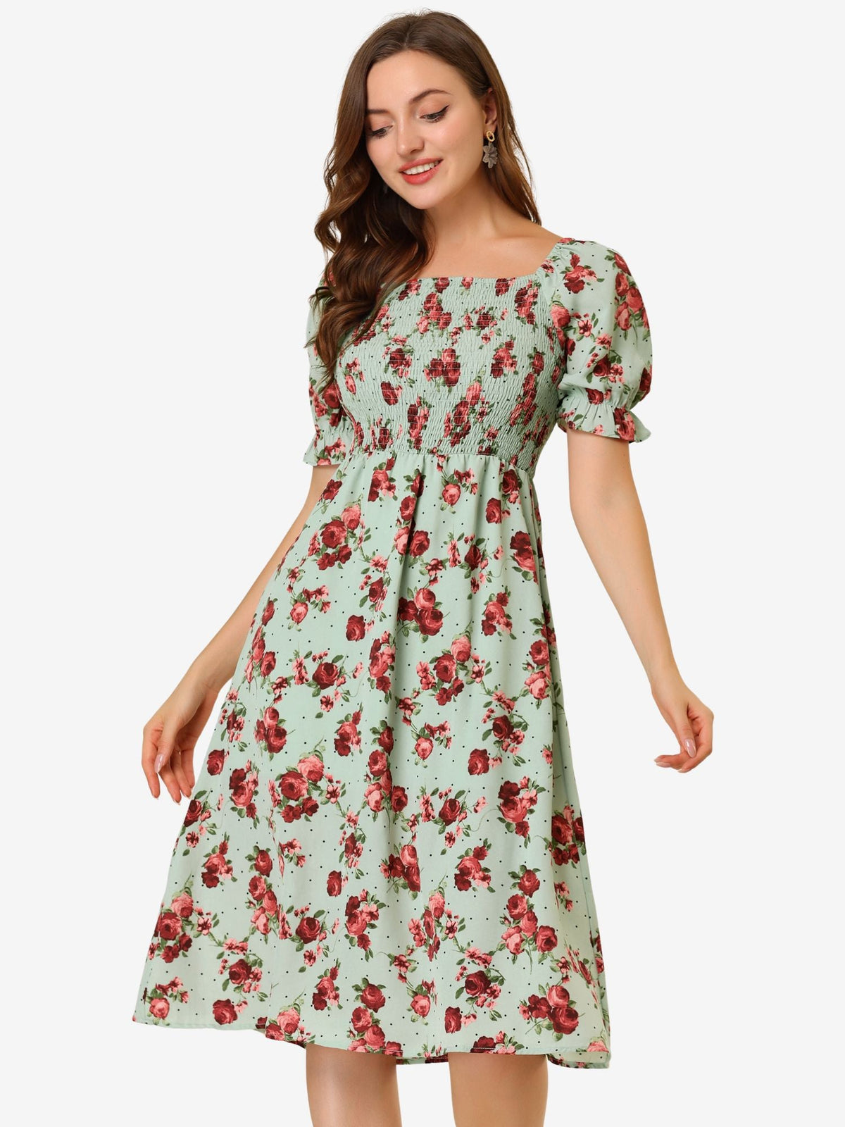 Smocked Floral Square Neck Dress