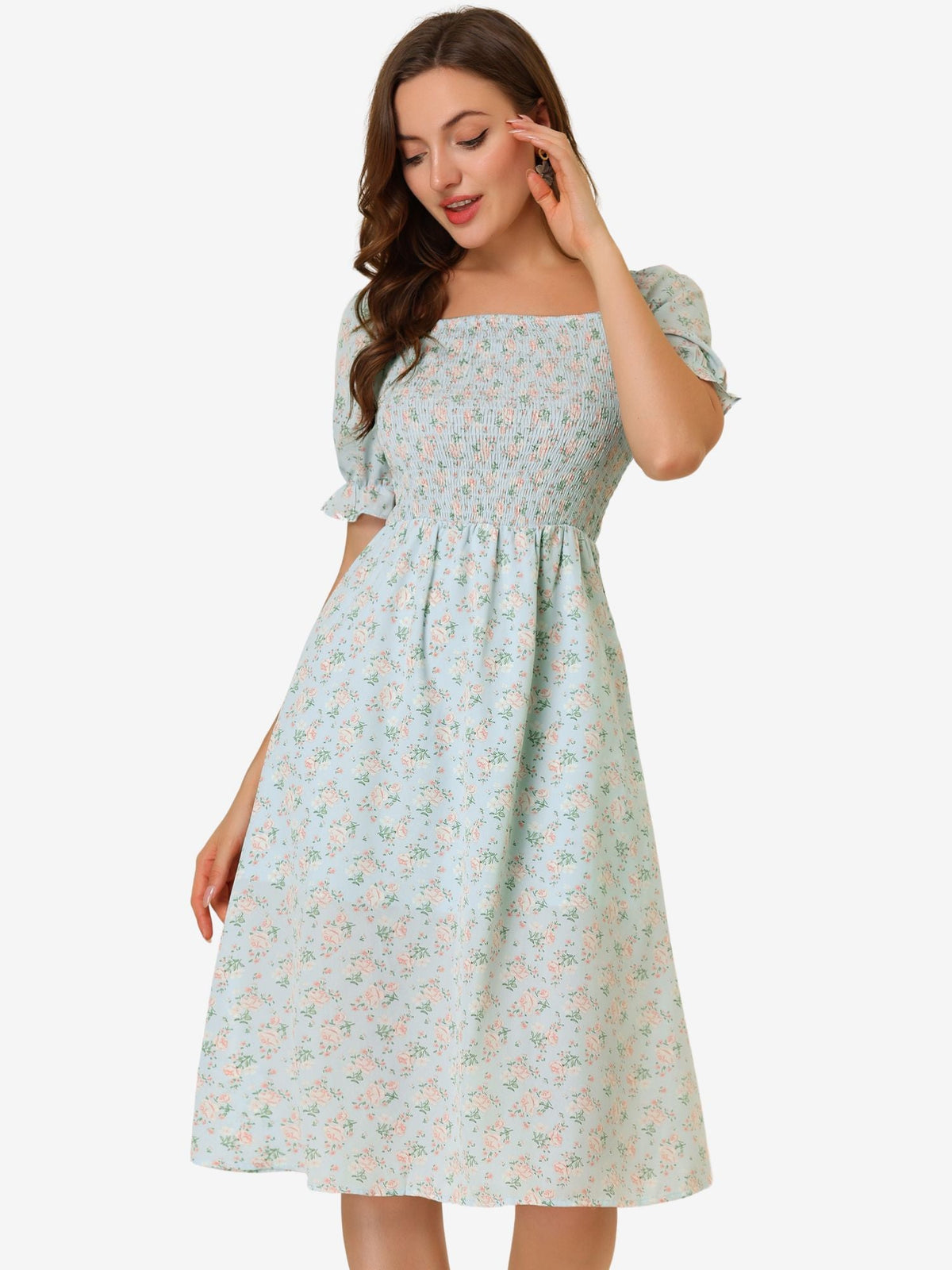 Smocked Floral Square Neck Dress