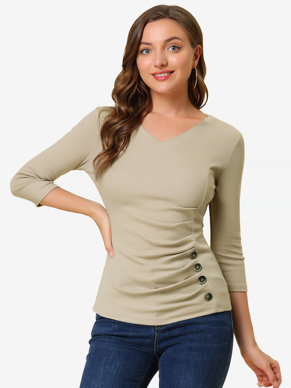 Ruched V-Neck Stretch Blouse