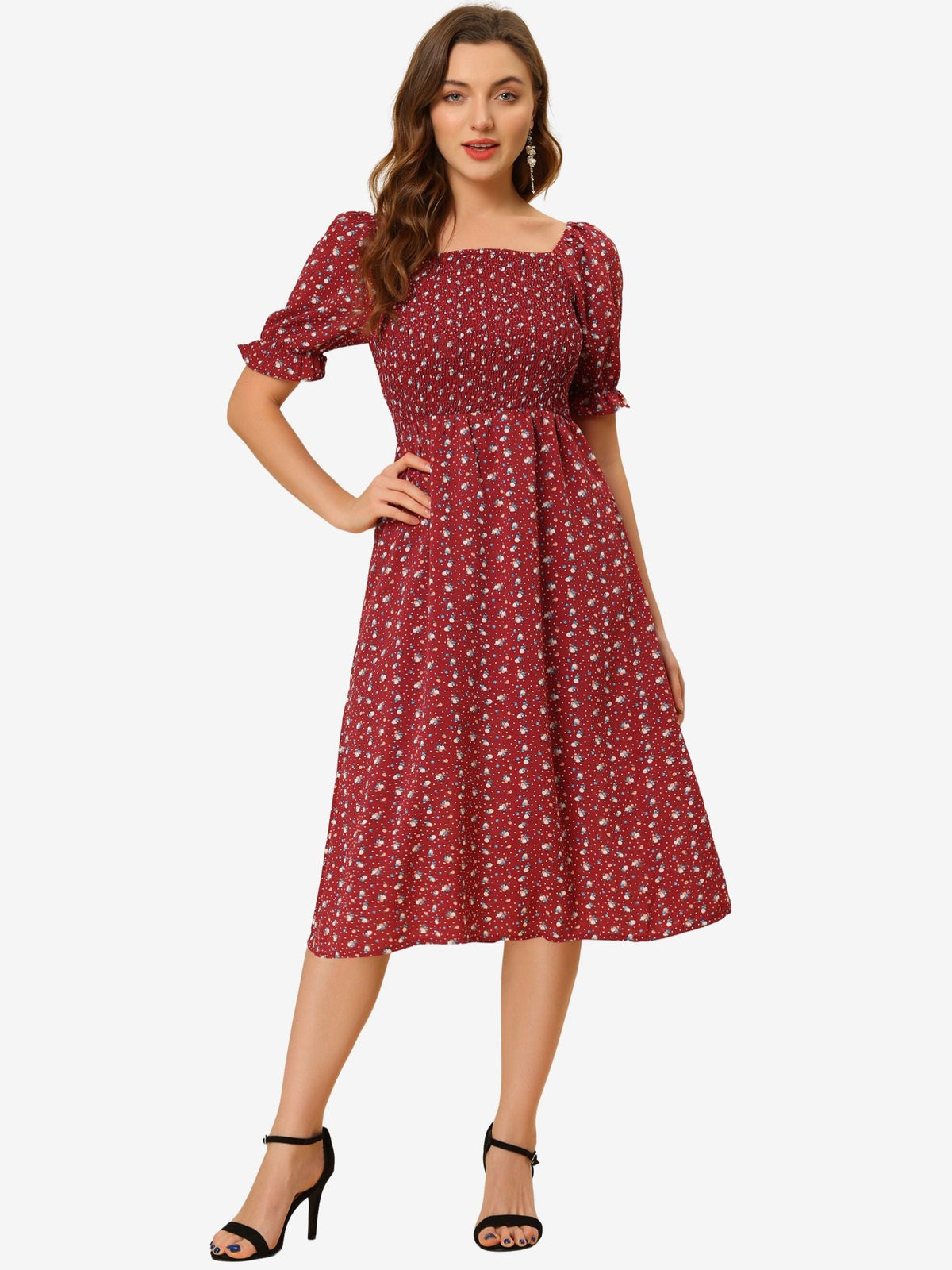 Smocked Floral Square Neck Dress