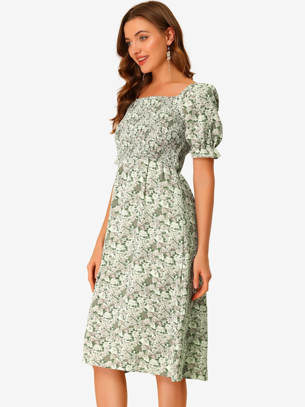 Smocked Floral Square Neck Dress