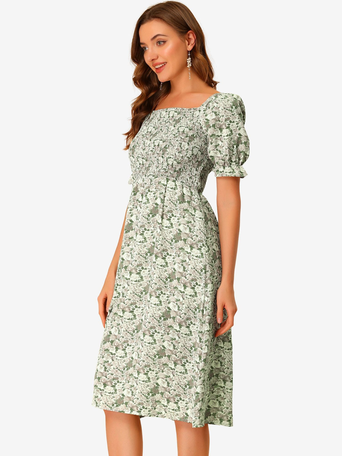 Smocked Floral Square Neck Dress