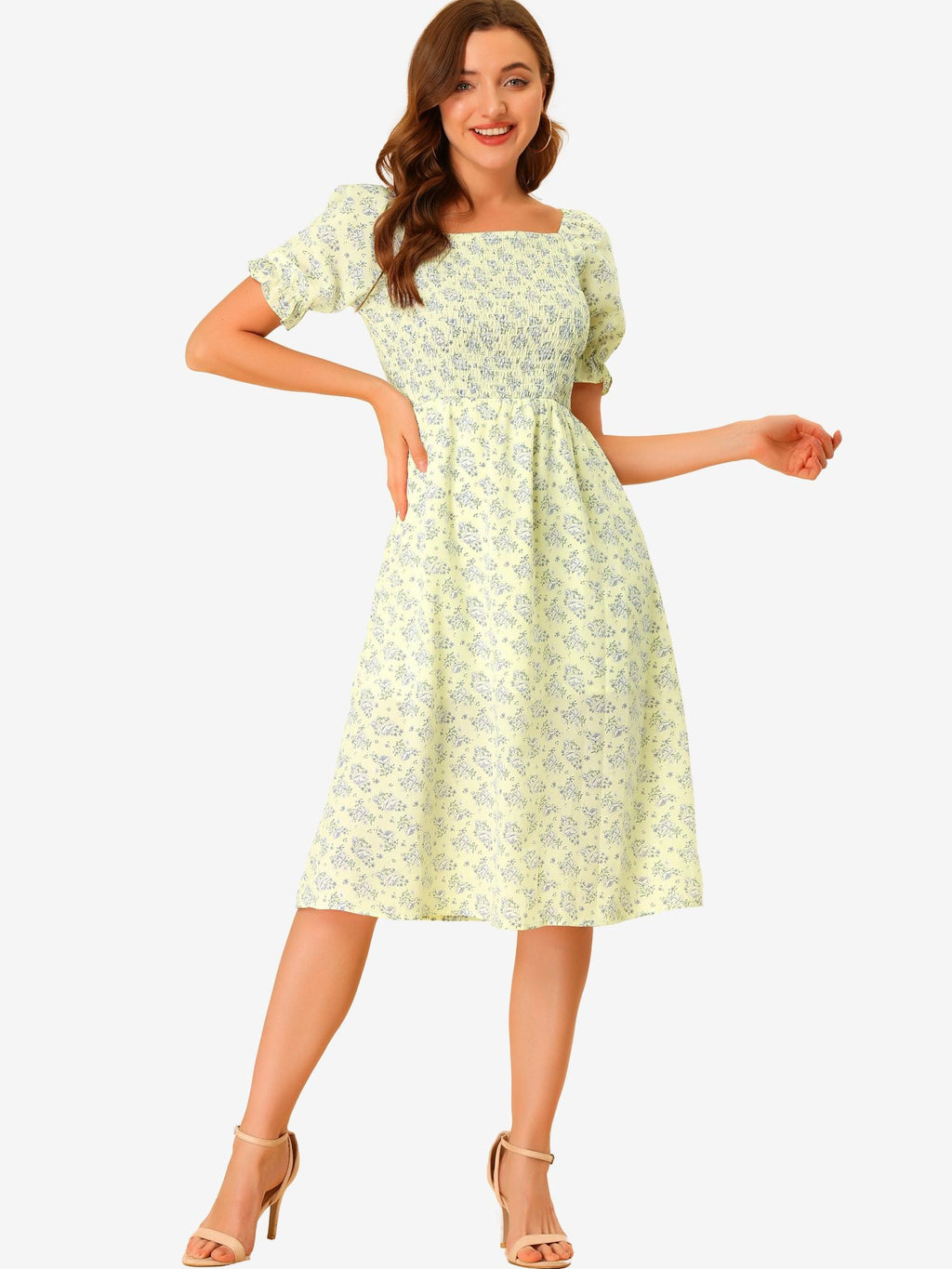 Smocked Floral Square Neck Dress