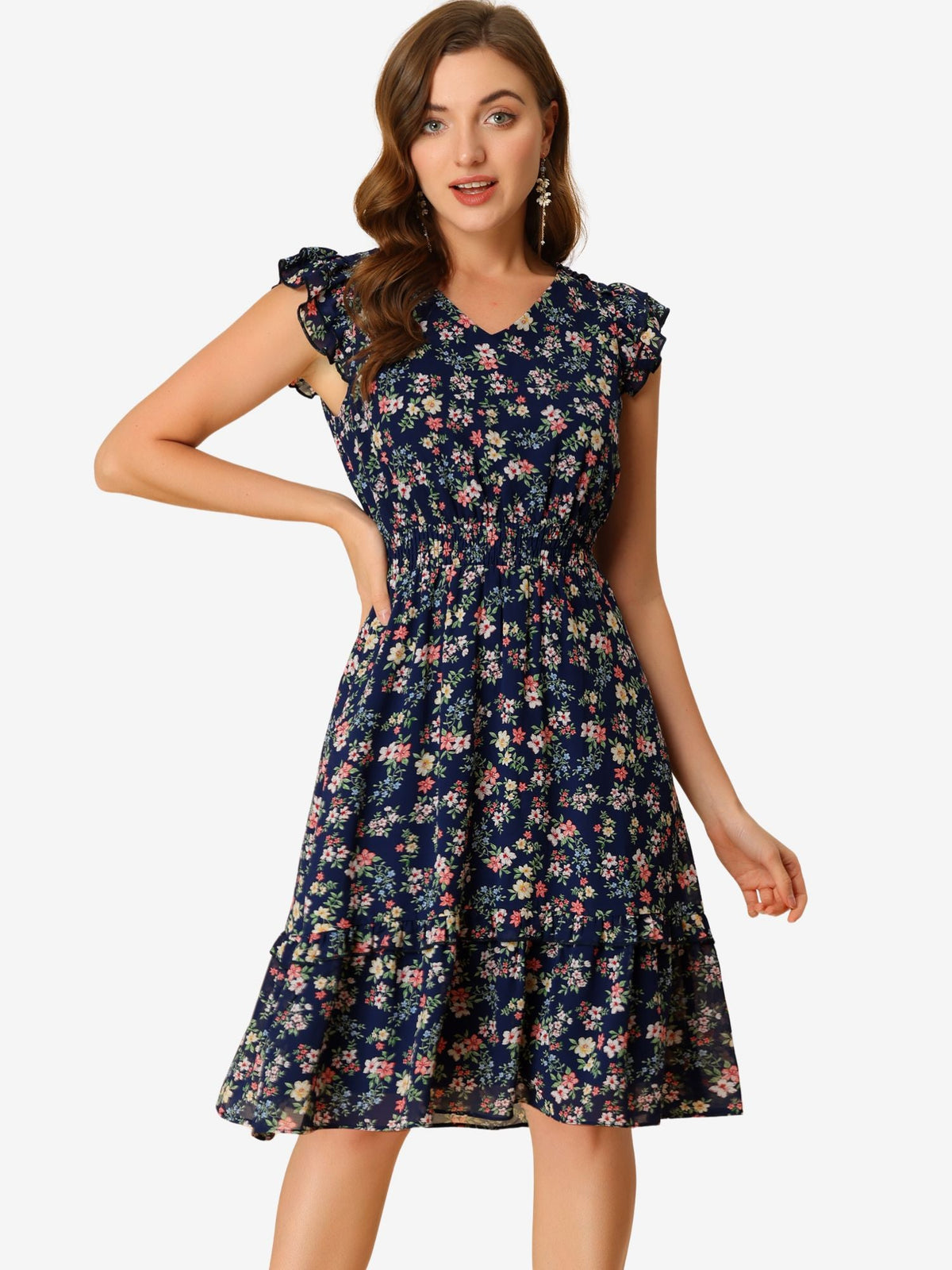 V-Neck Floral Flutter Dress