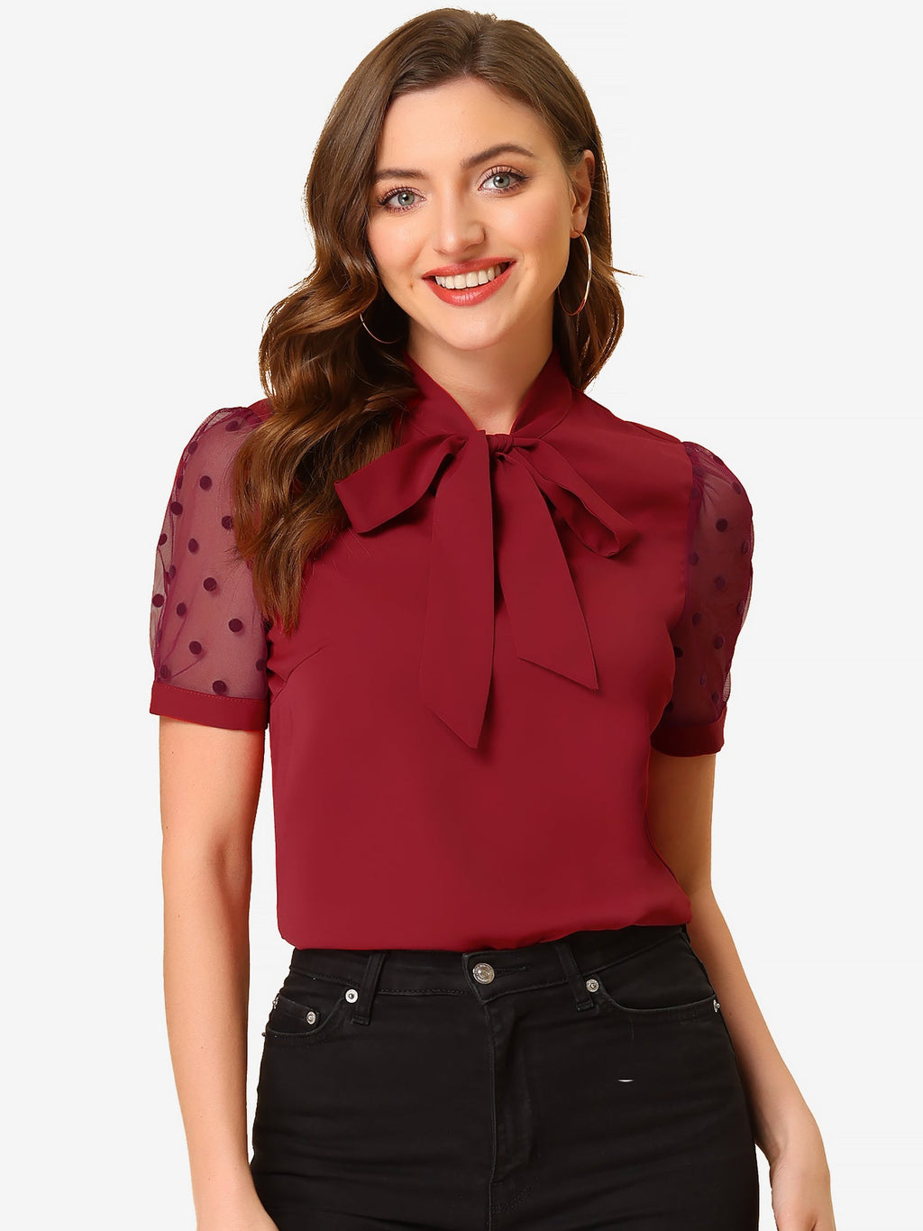 Mesh Sleeve Bow Tie Blouse