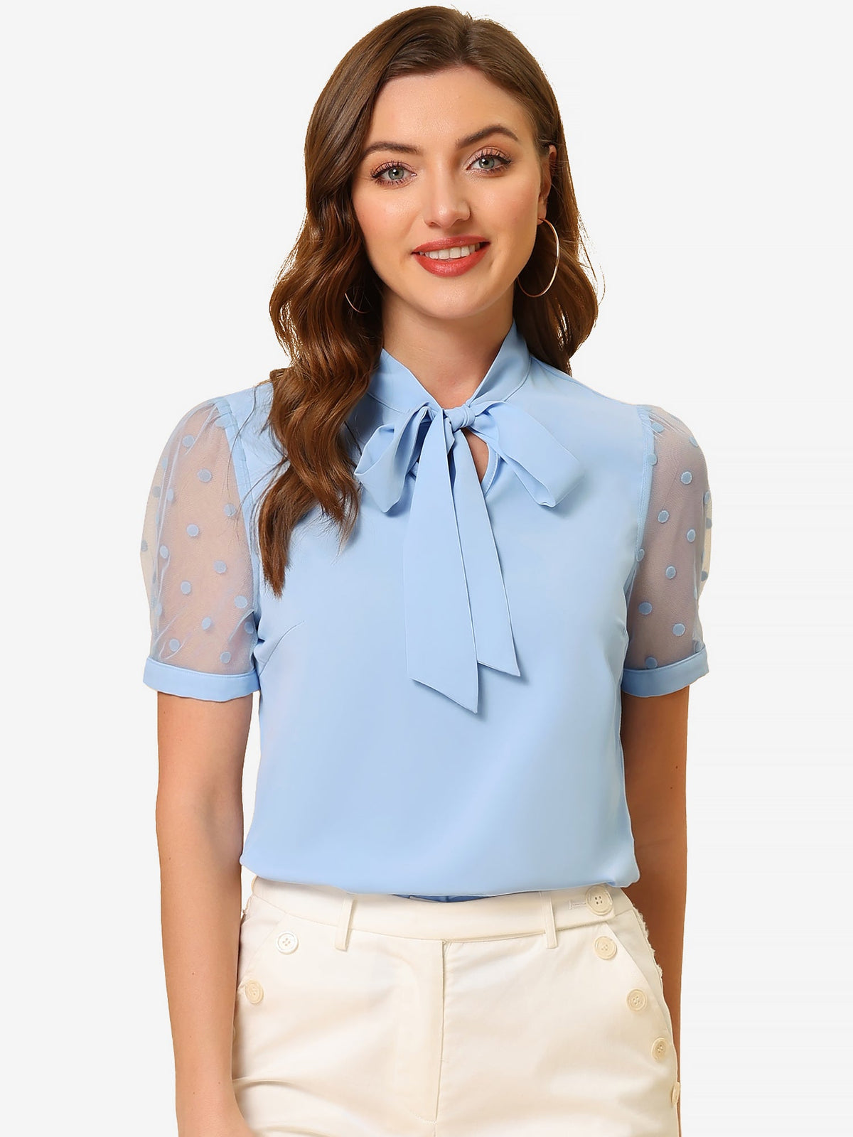 Mesh Sleeve Bow Tie Blouse