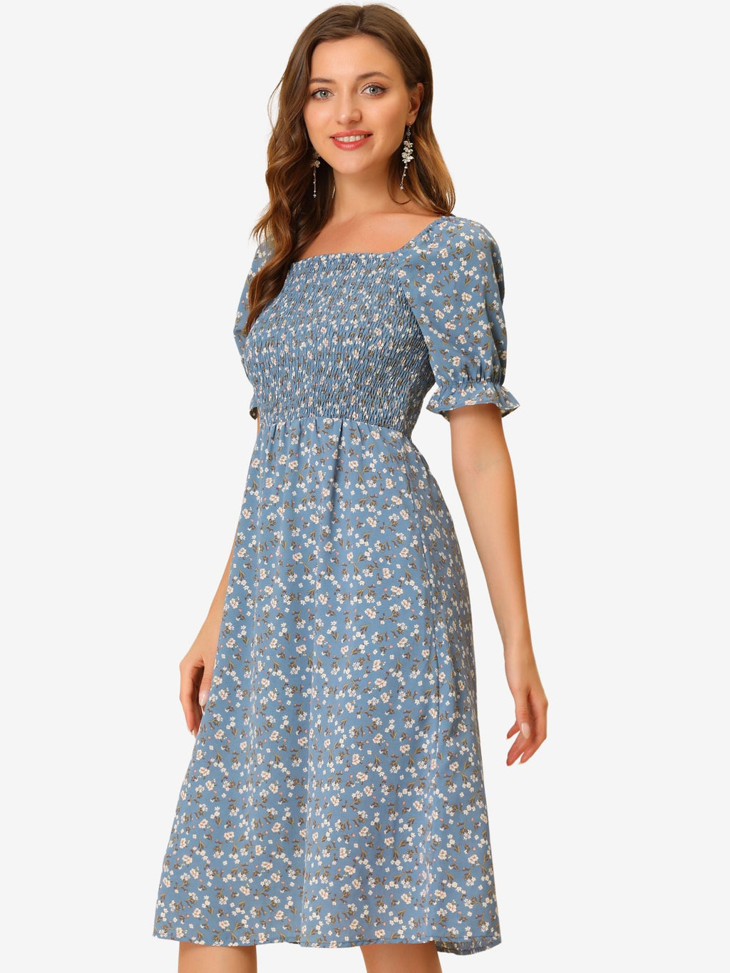 Smocked Floral Square Neck Dress