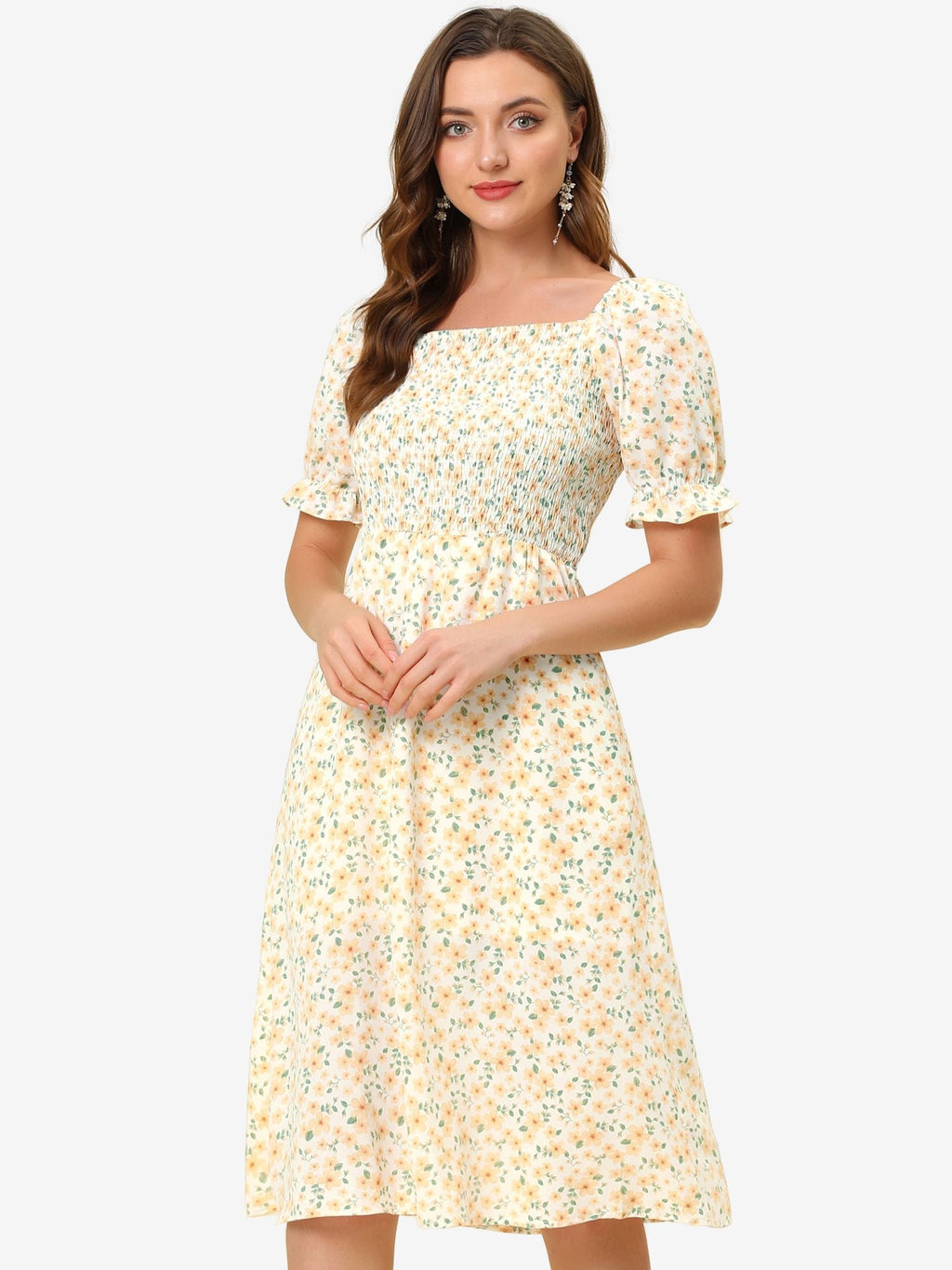 Smocked Floral Square Neck Dress