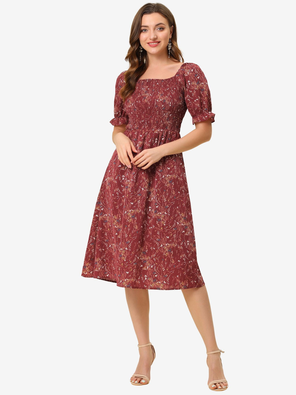 Smocked Floral Square Neck Dress