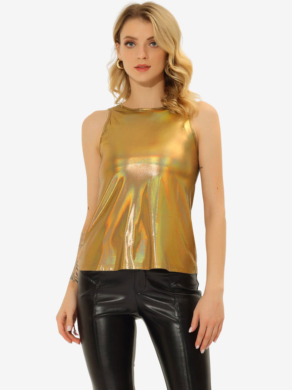 Metallic Crew Neck Sleeveless Top