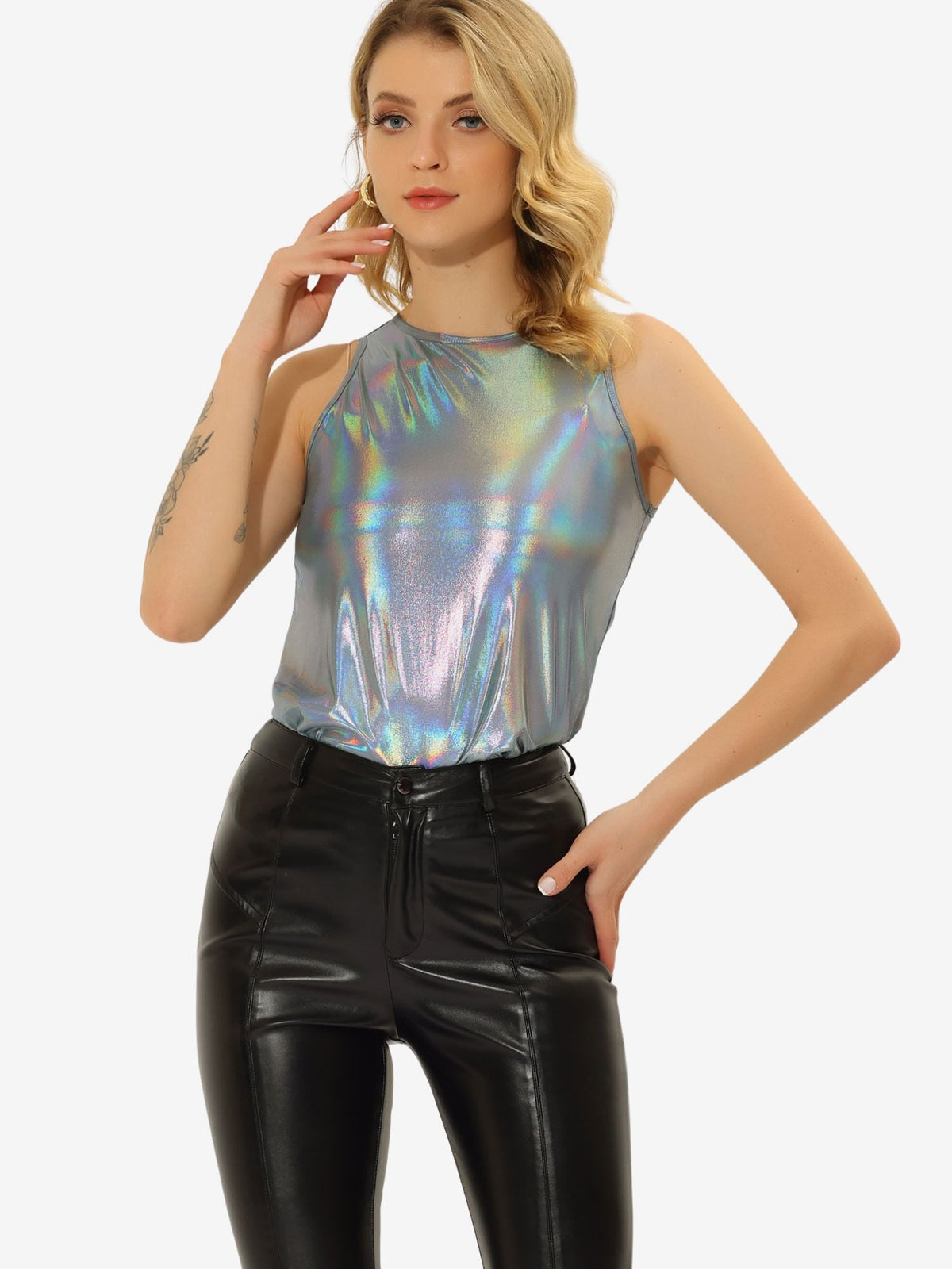 Metallic Crew Neck Sleeveless Top