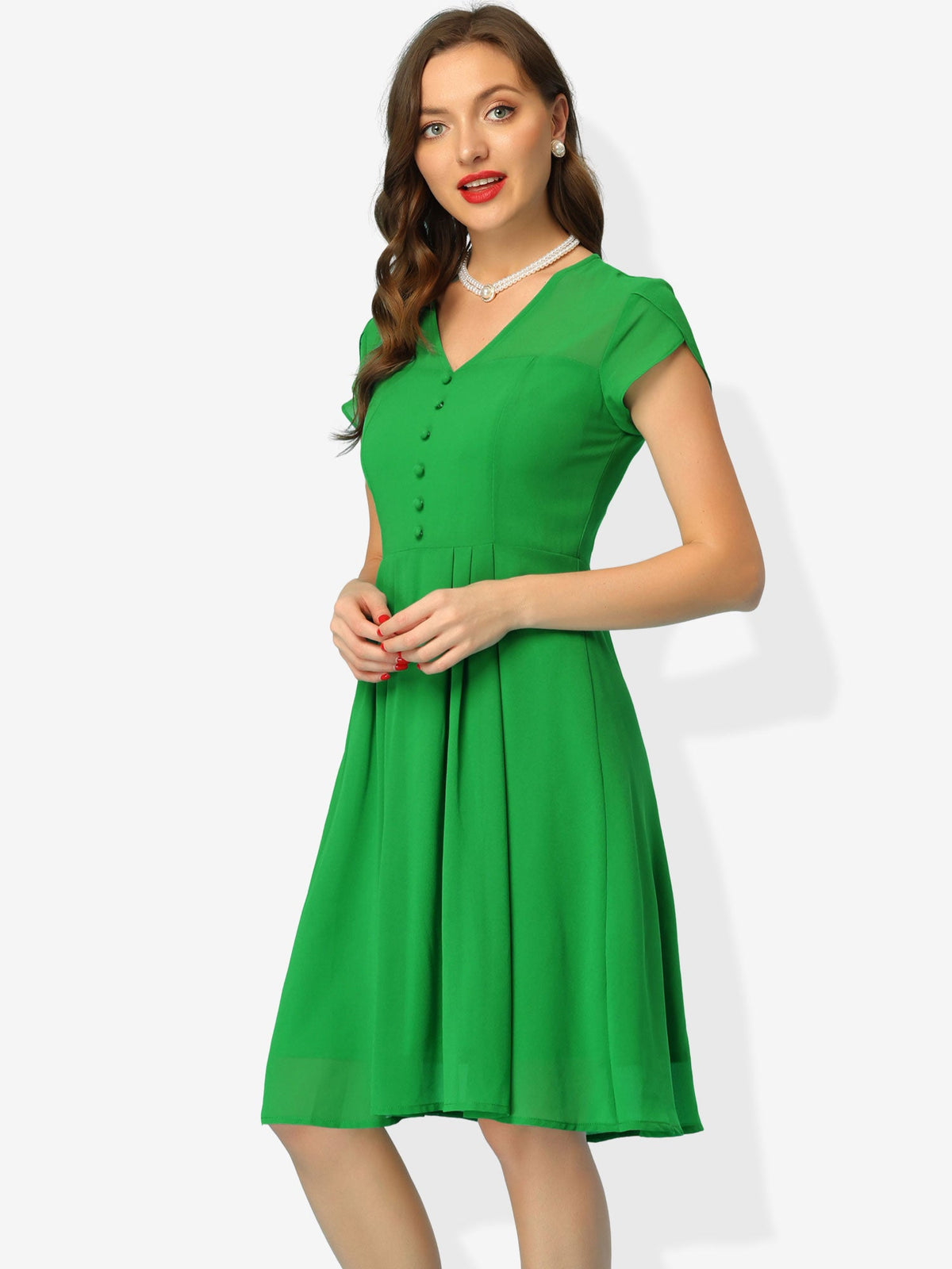 V-Neck High-Waist Chiffon Dress