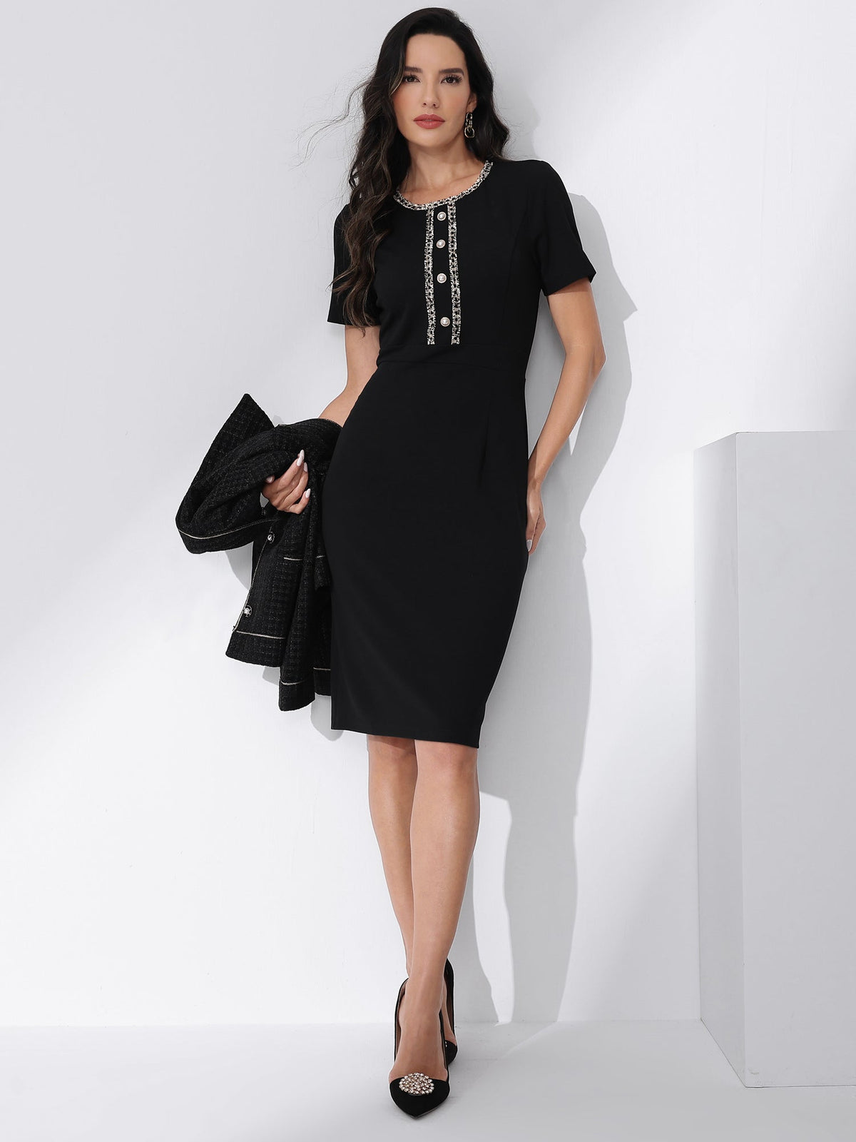 Tweed-Trim Work Dress
