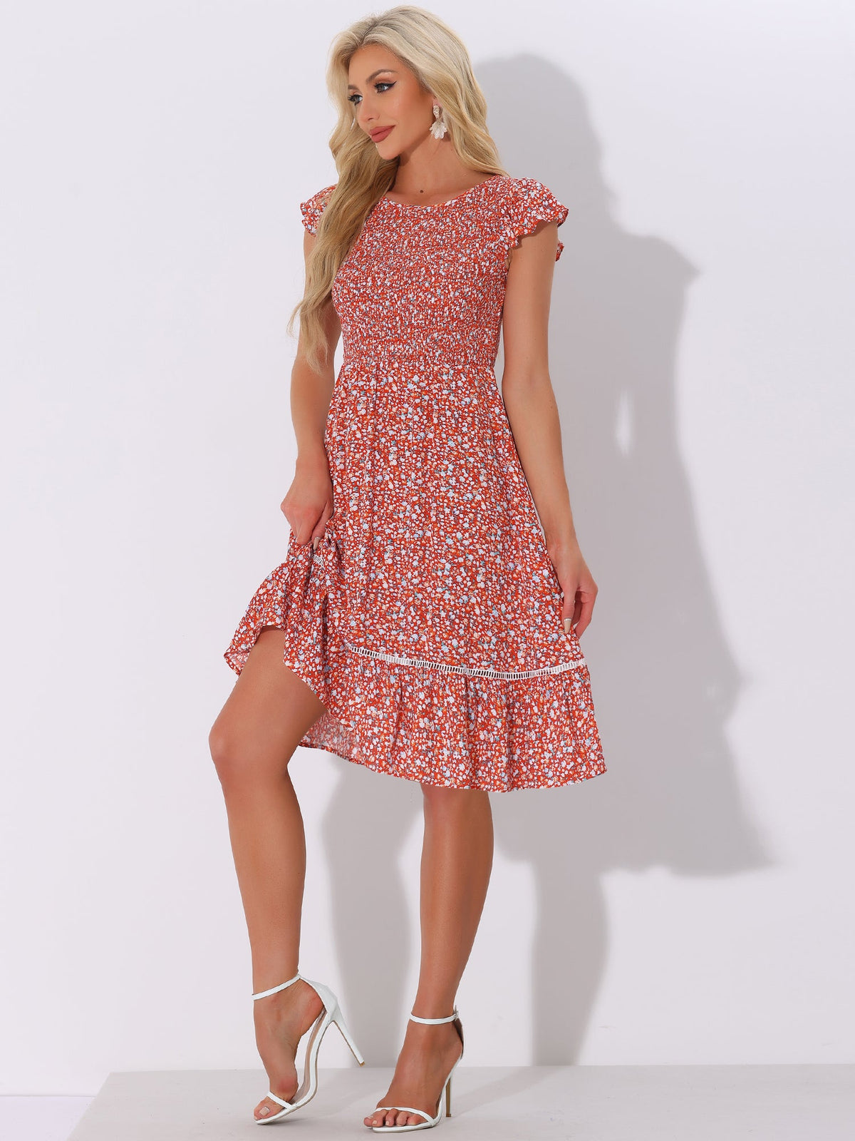 Drape-Smocked Floral Midi Dress