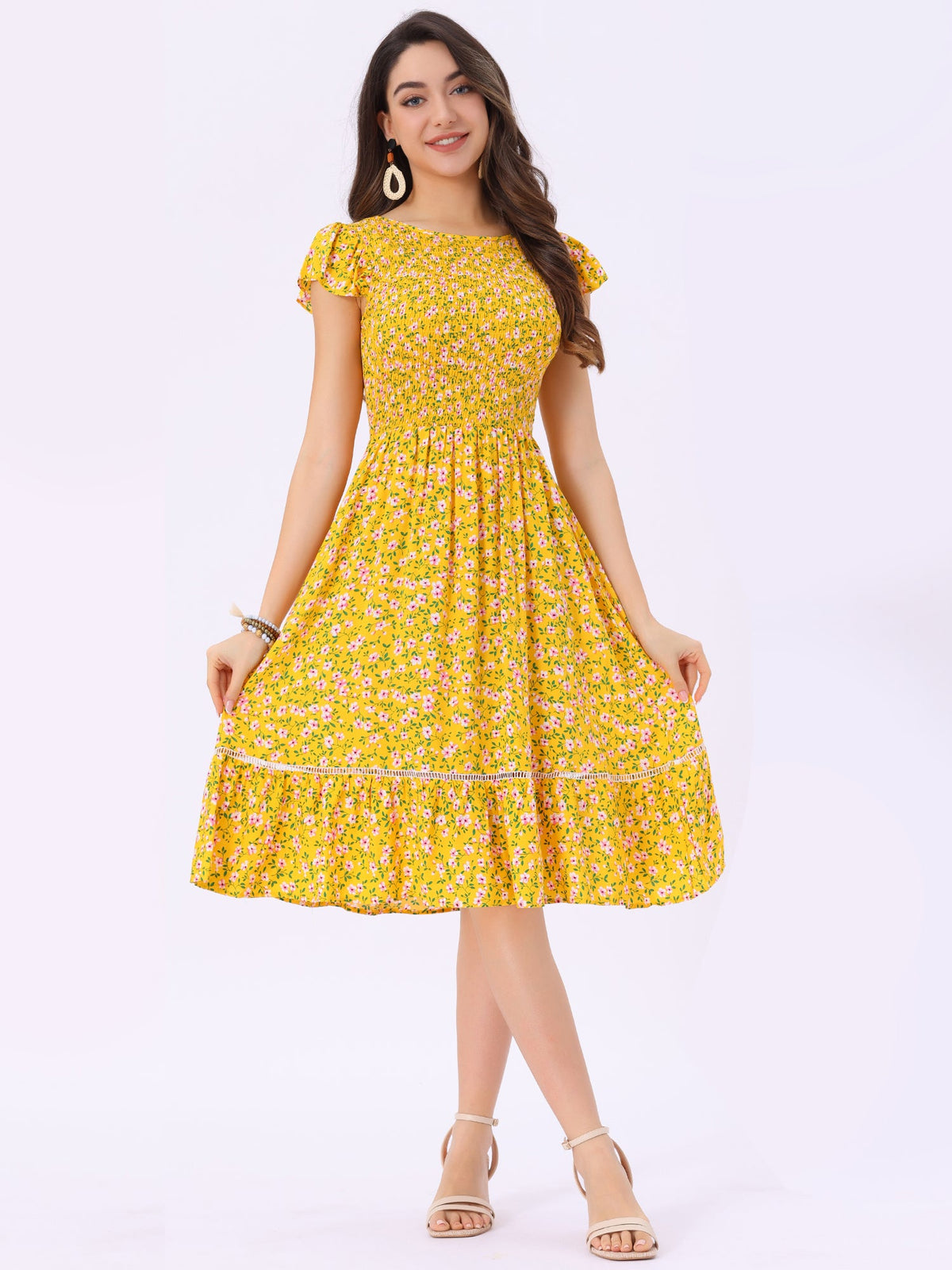 Drape-Smocked Floral Midi Dress