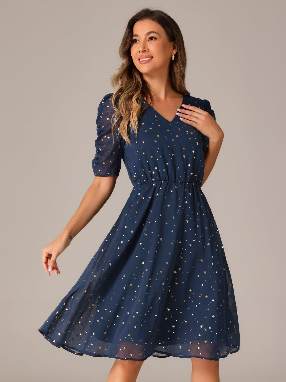 Short Sleeve Metallic Casual Dress