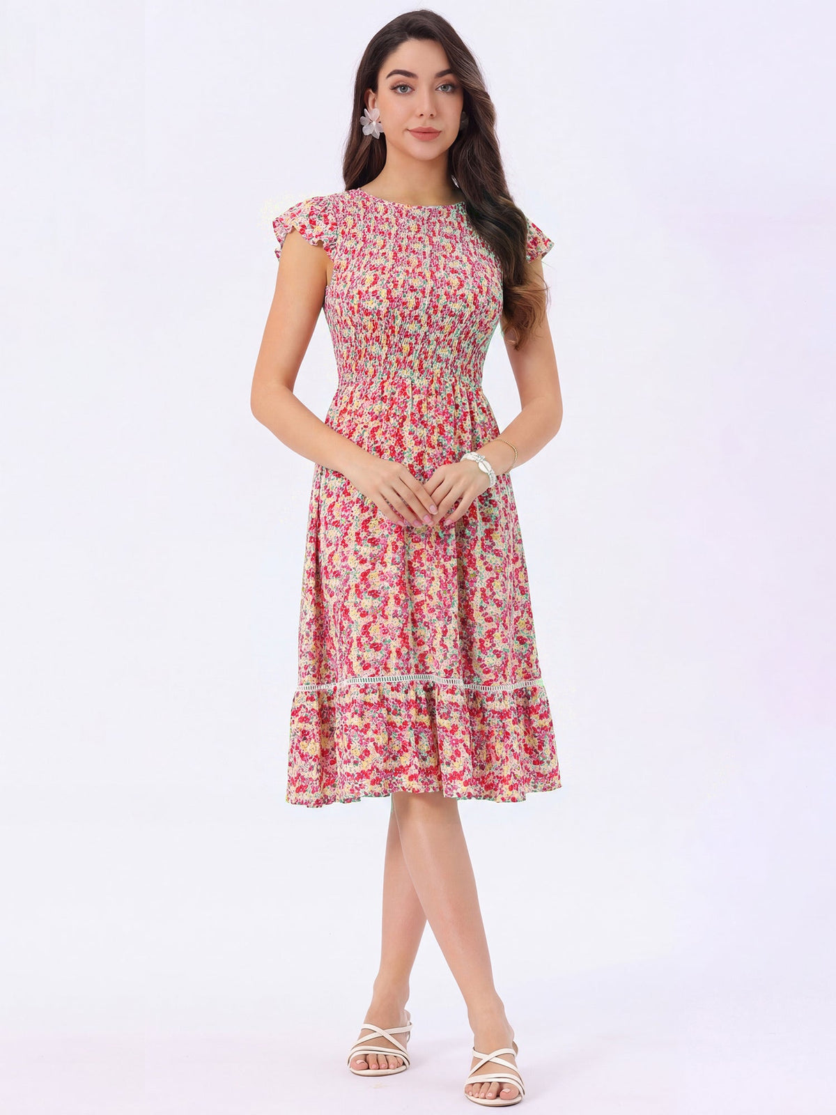Drape-Smocked Floral Midi Dress