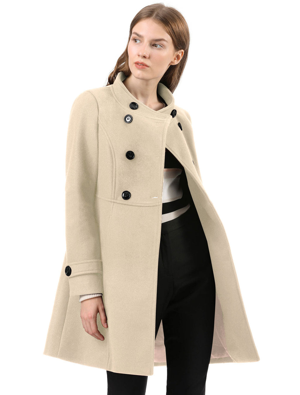 Double-Breasted Stand Collar Midi Coat