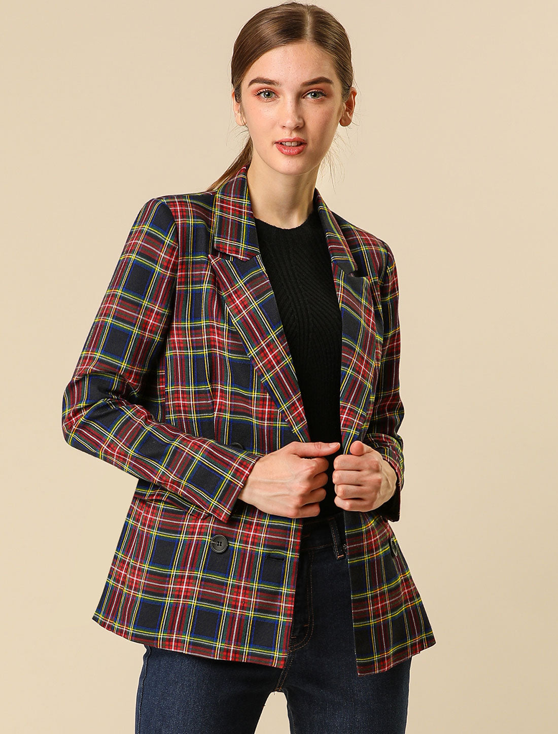 Plaid Padded-Double Breasted Blazer