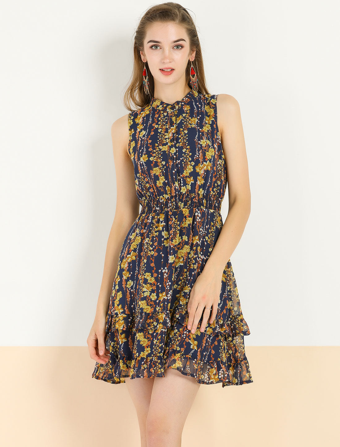 Floral Standing Collar Dress