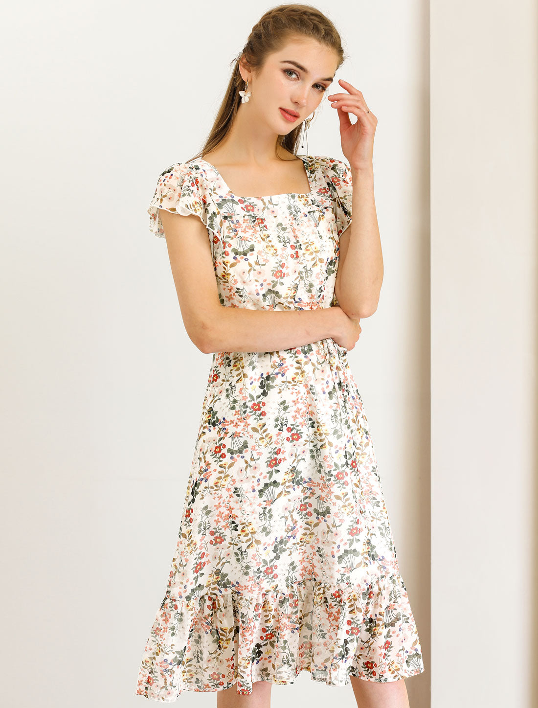 Square Neck Flutter Floral Dress