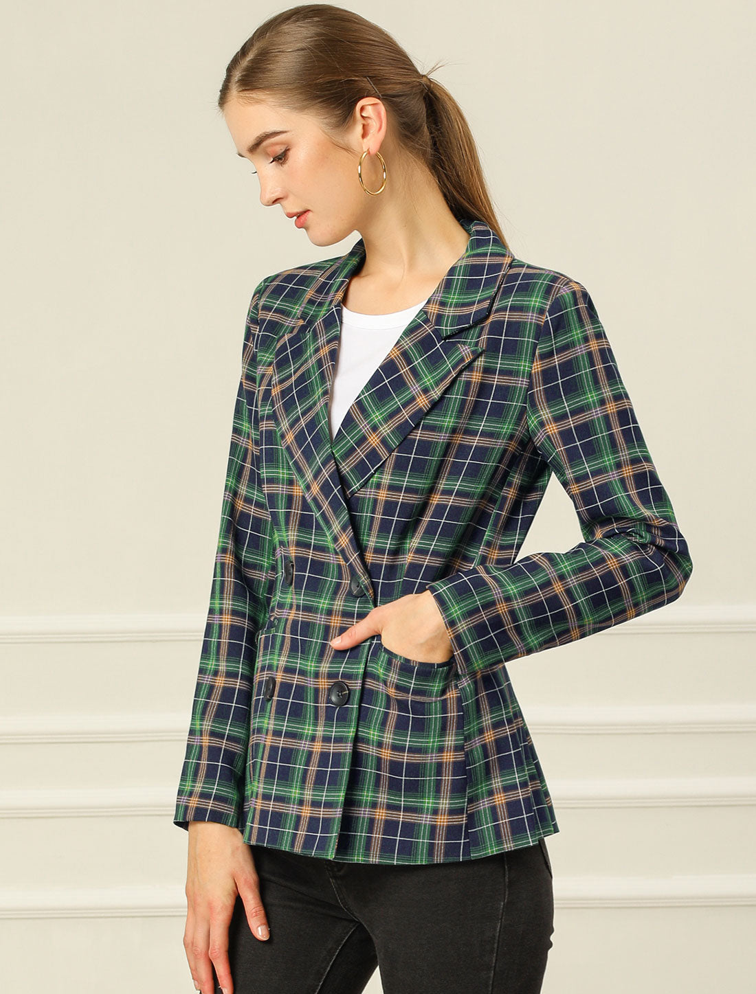 Plaid Padded-Double Breasted Blazer