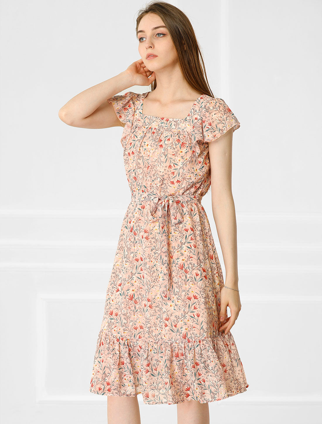 Square Neck Flutter Floral Dress