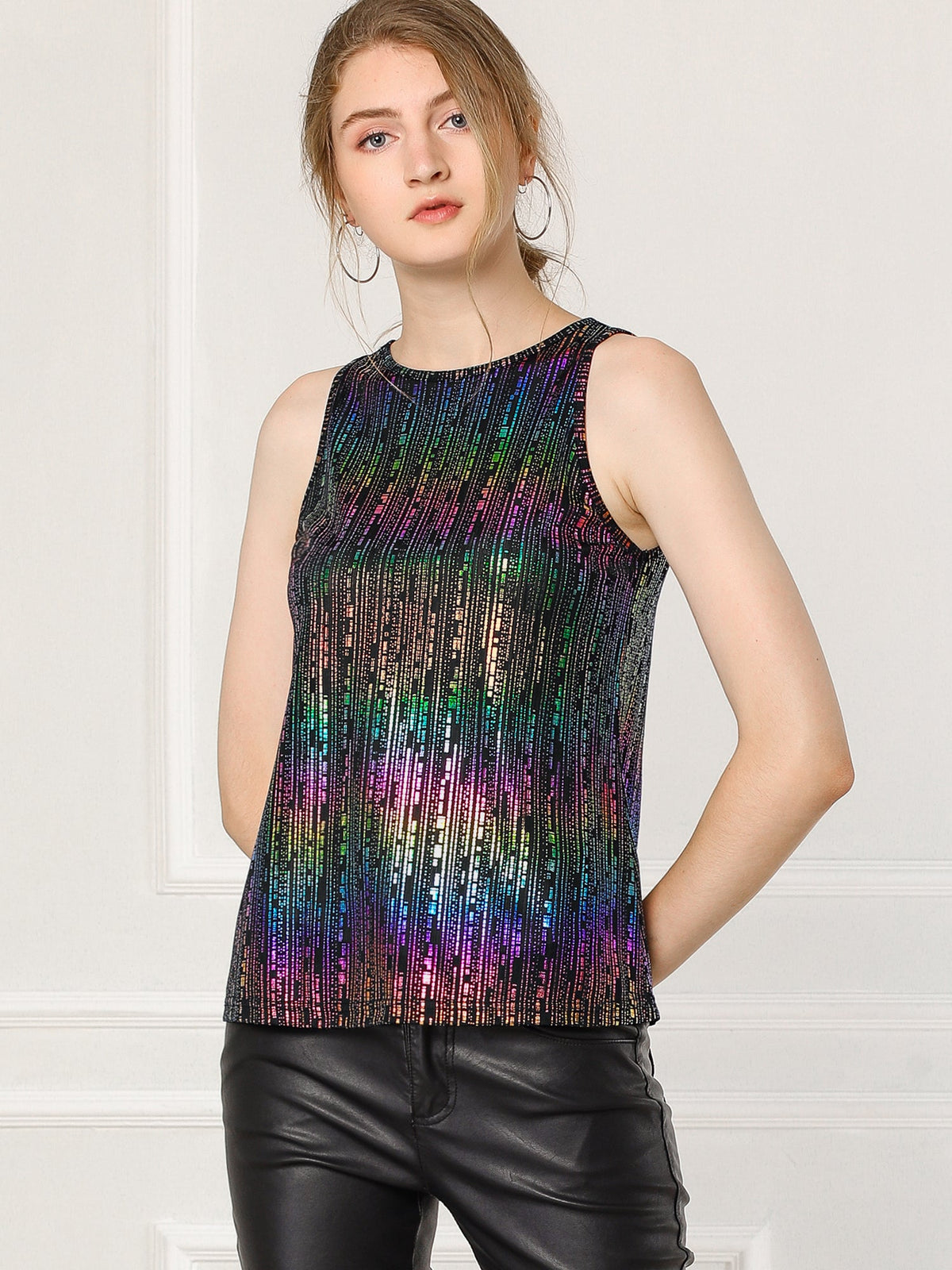 Metallic Crew Neck Sleeveless Top