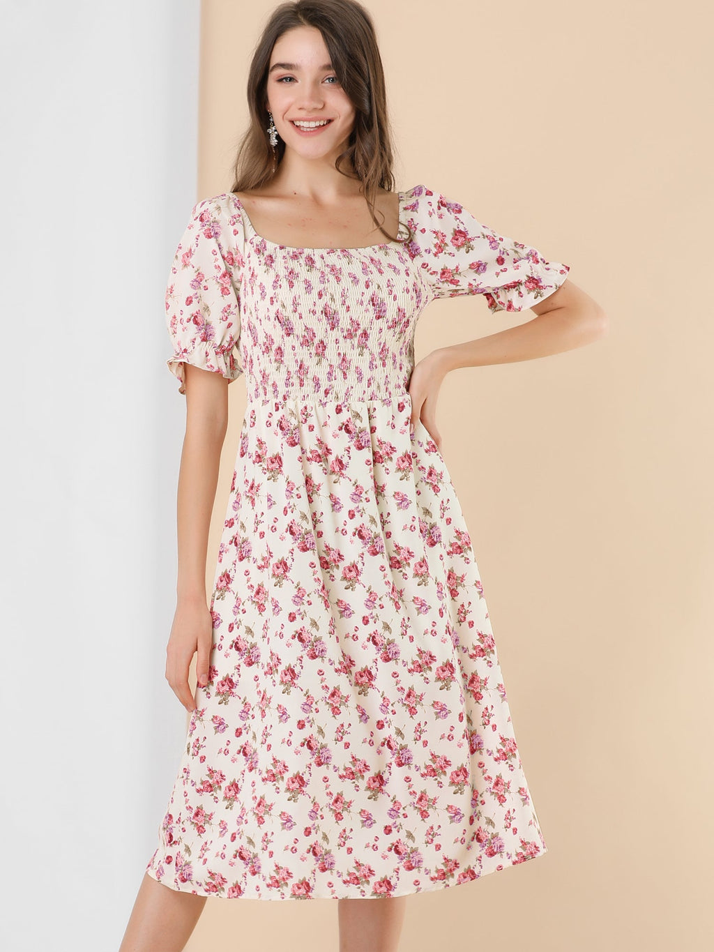 Smocked Floral Square Neck Dress