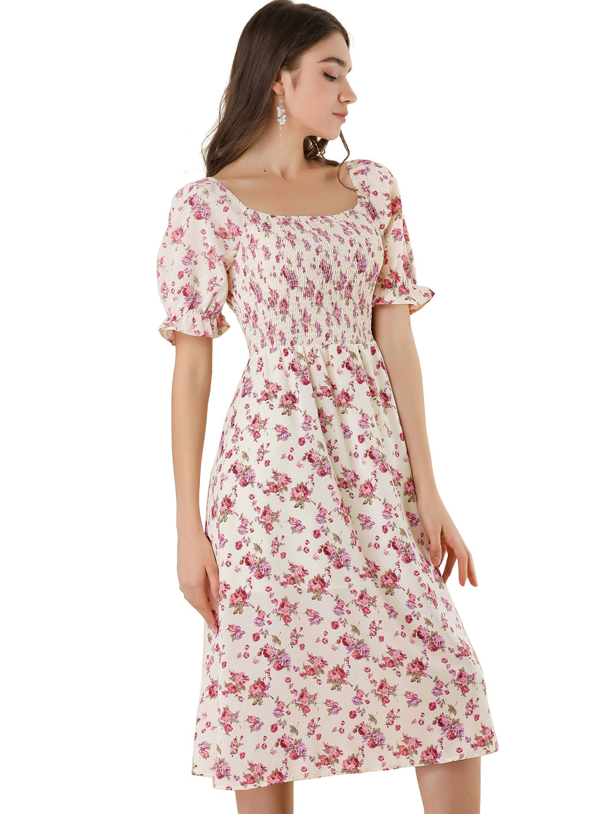 Smocked Floral Square Neck Dress
