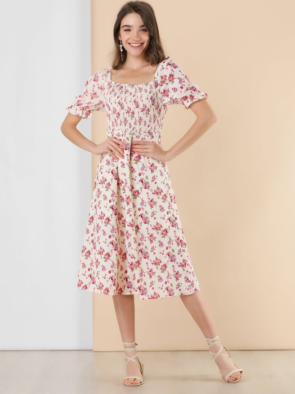 Smocked Floral Square Neck Dress