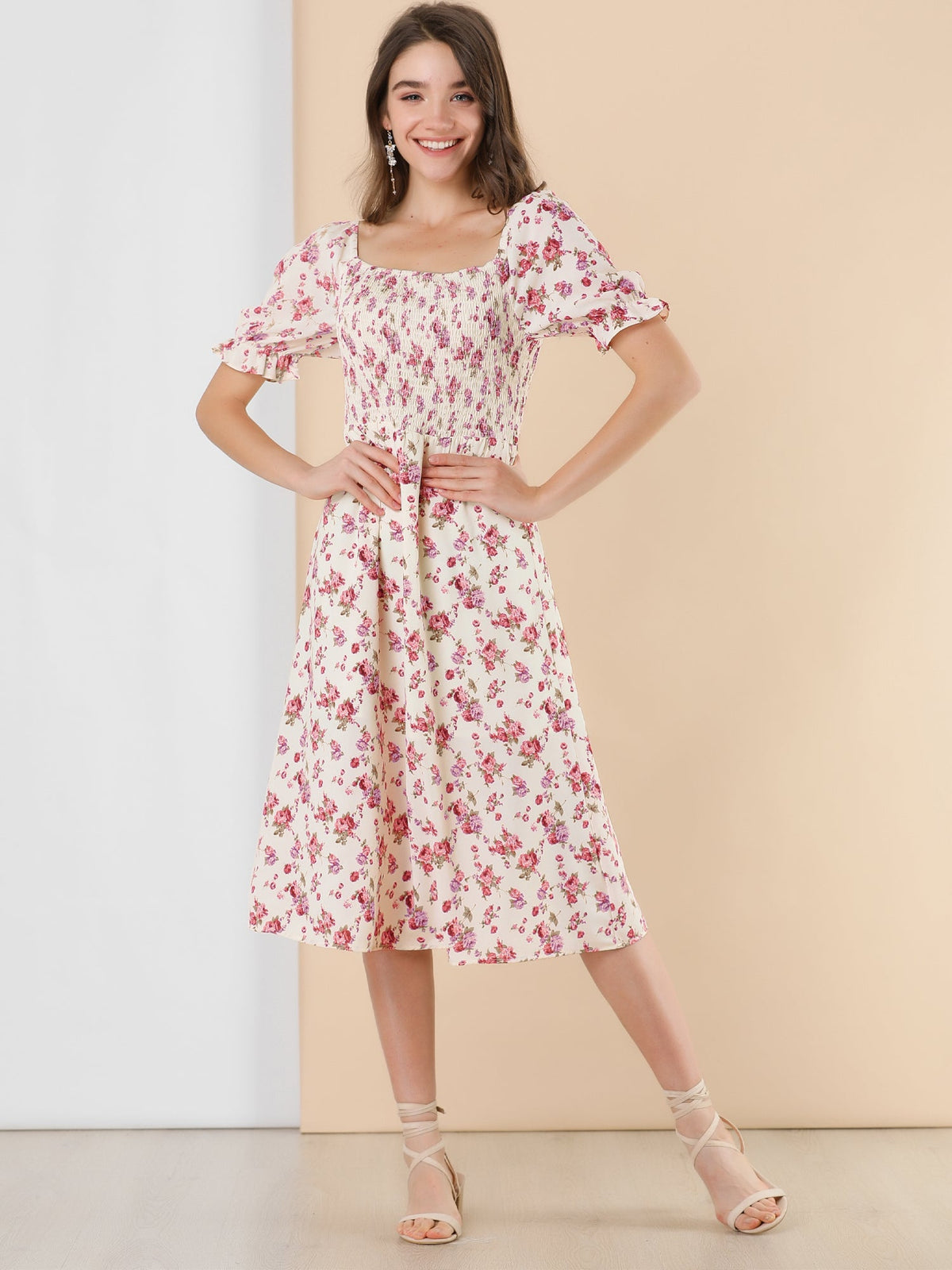 Smocked Floral Square Neck Dress