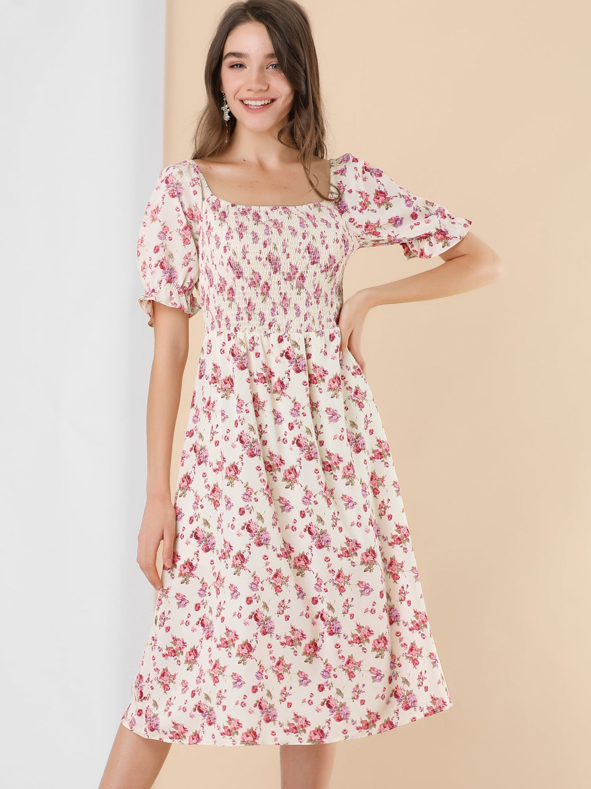 Smocked Floral Square Neck Dress
