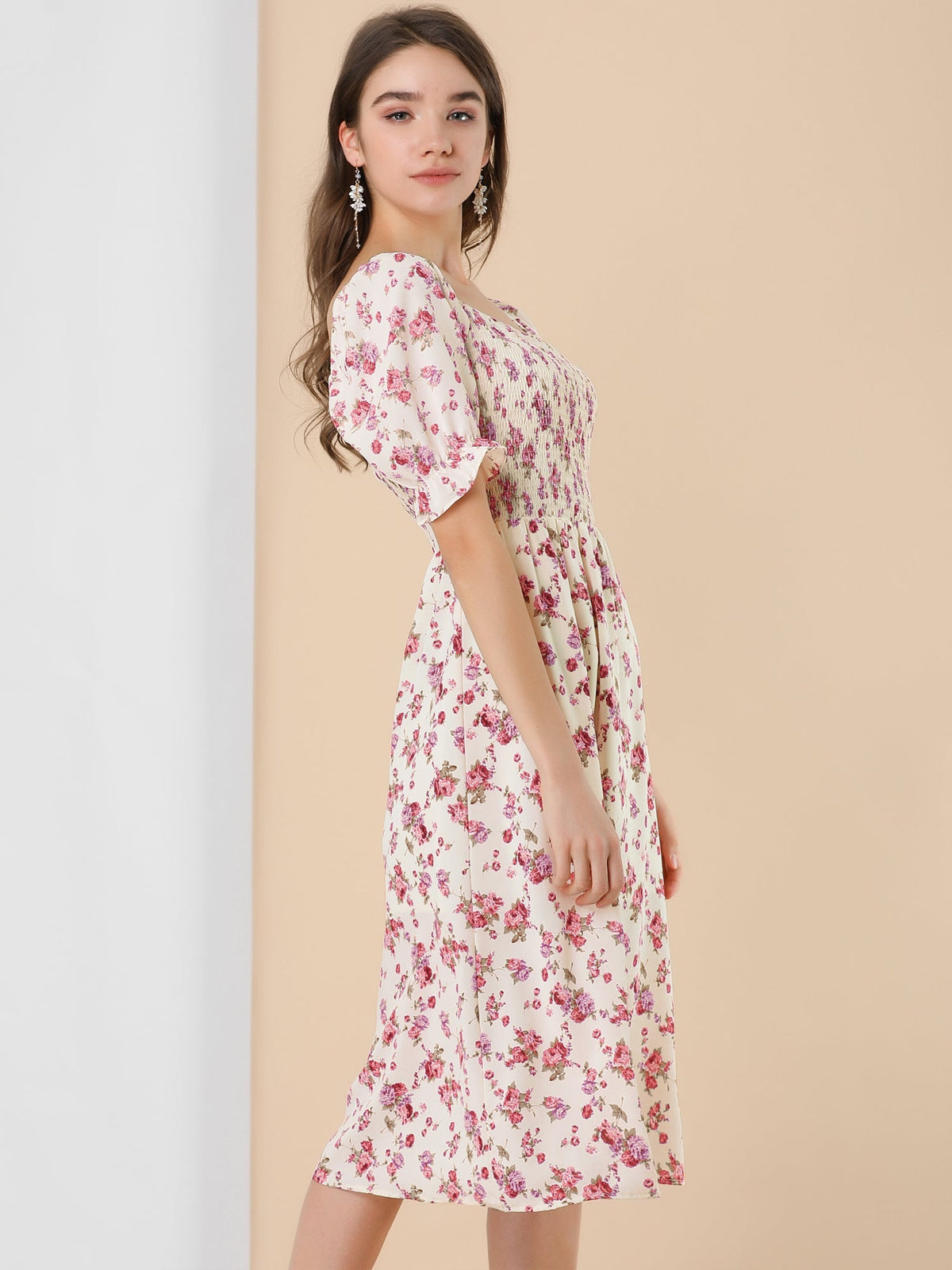 Smocked Floral Square Neck Dress