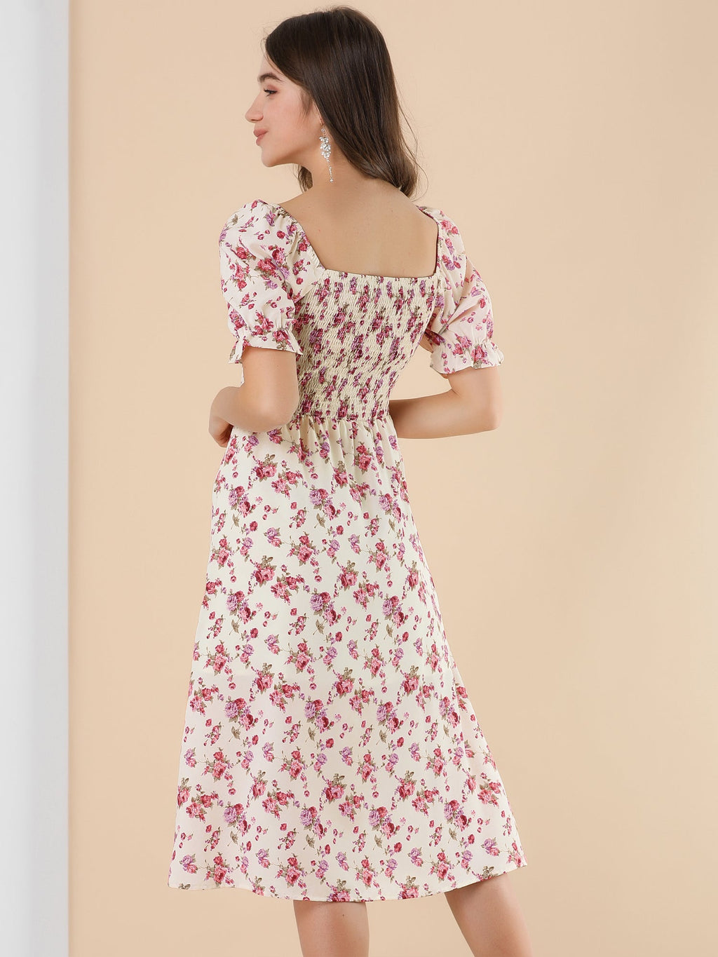 Smocked Floral Square Neck Dress