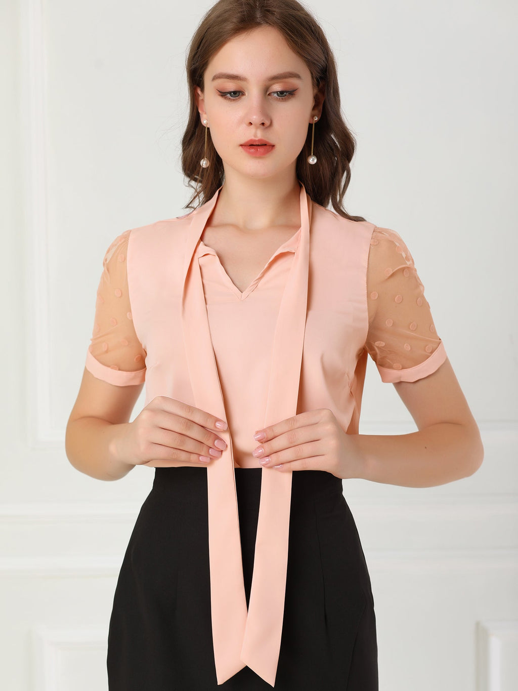 Mesh Sleeve Bow Tie Blouse