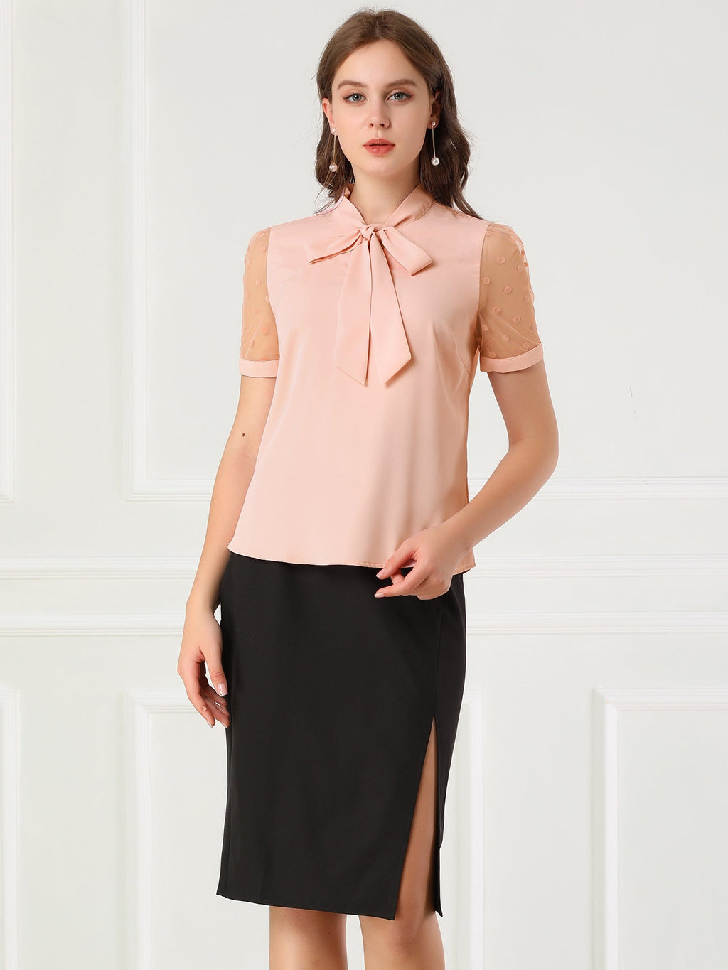 Mesh Sleeve Bow Tie Blouse