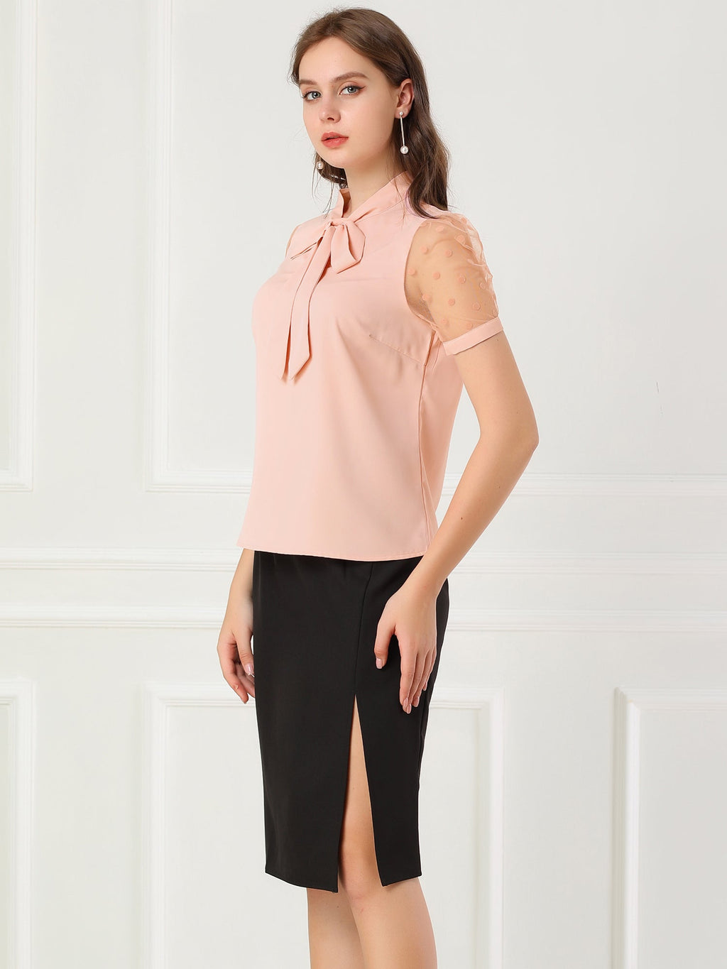 Mesh Sleeve Bow Tie Blouse