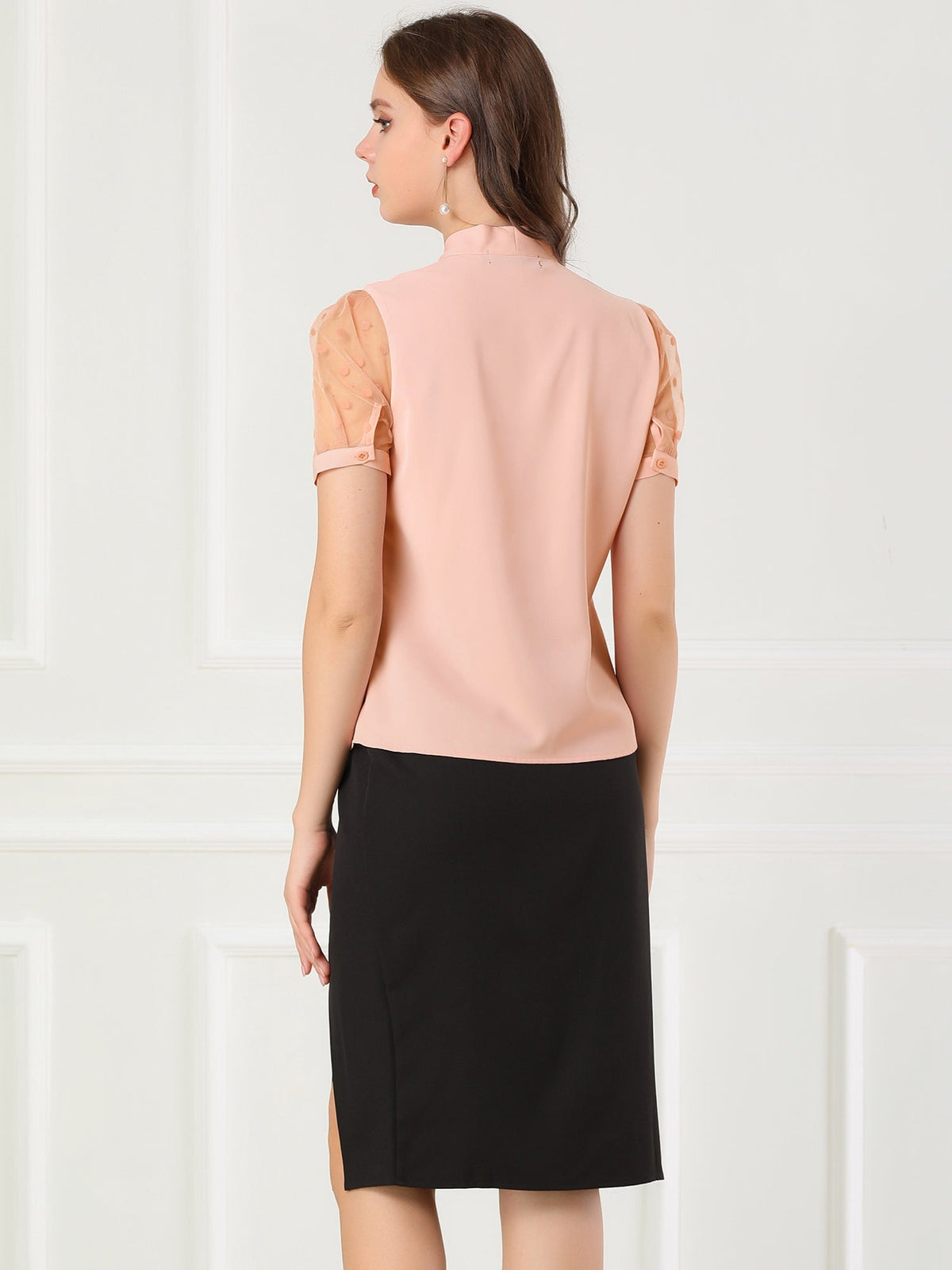 Mesh Sleeve Bow Tie Blouse