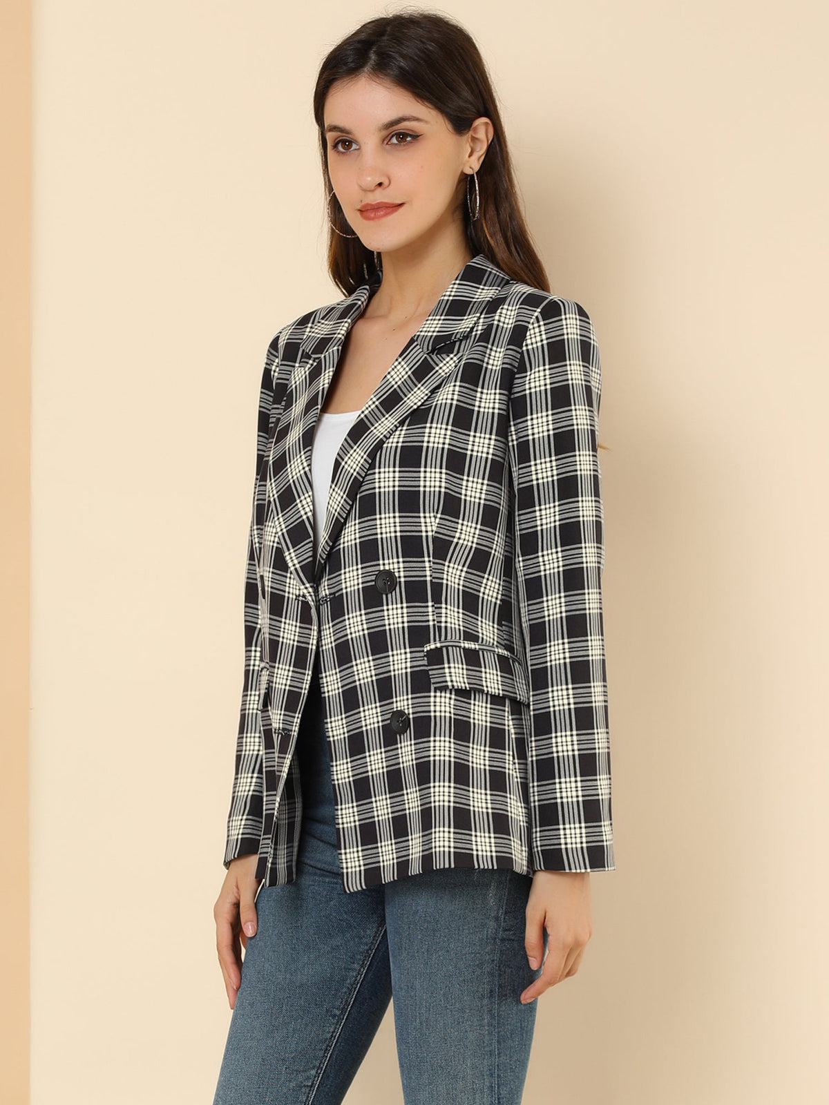 Plaid Padded-Double Breasted Blazer