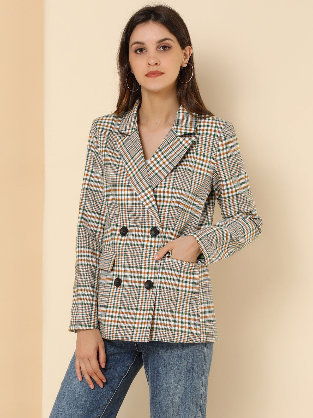 Plaid Padded-Double Breasted Blazer